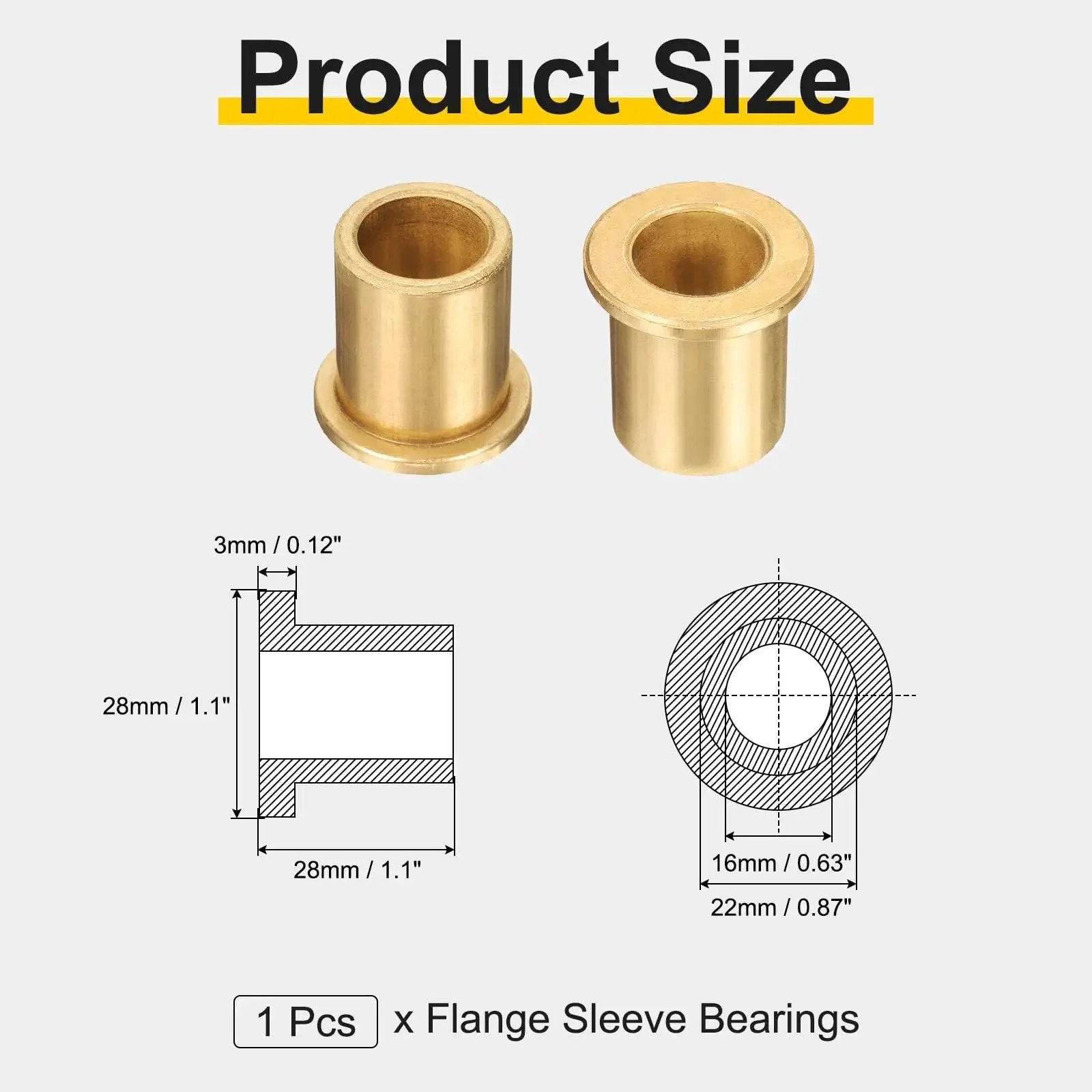Flange Sleeve Bearing 16mm Bore 22mm OD 28mm Length Self Lubricating Sintered Bronze Bushing with size diagram