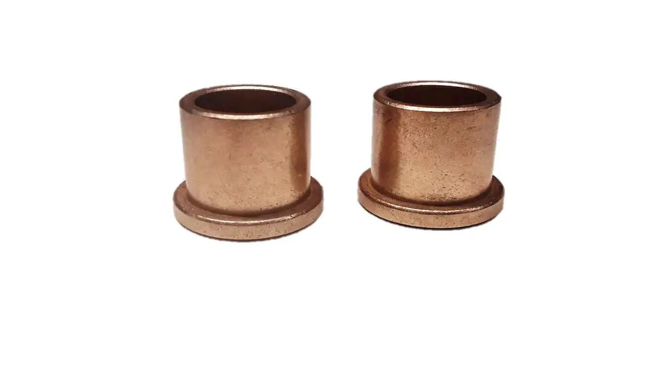 Two USA-made bronze flange sleeve bearings, showcasing the Built To Last Bronze Sleeve Bearing With Flange Made In The Usa Self Lubricating SAE 841