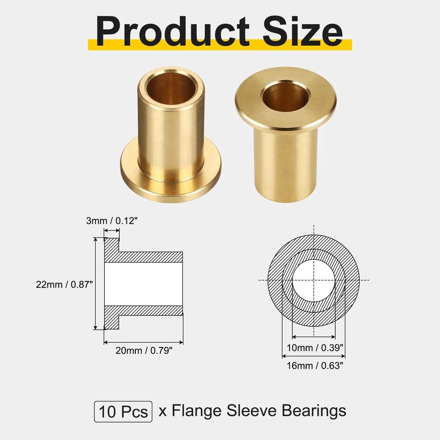 10 Pcs Flange Sleeve Bearings With 10mm Bore, 16mm OD And 20mm Length