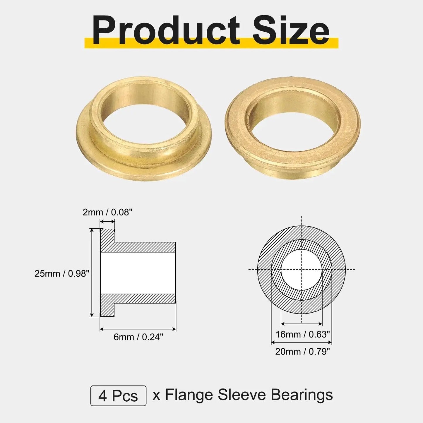 4 Pcs Flange Sleeve Bearings With 16mm Bore 20mm OD 6mm Length 25mm Flange Diameter 2mm Flange Thickness diagram
