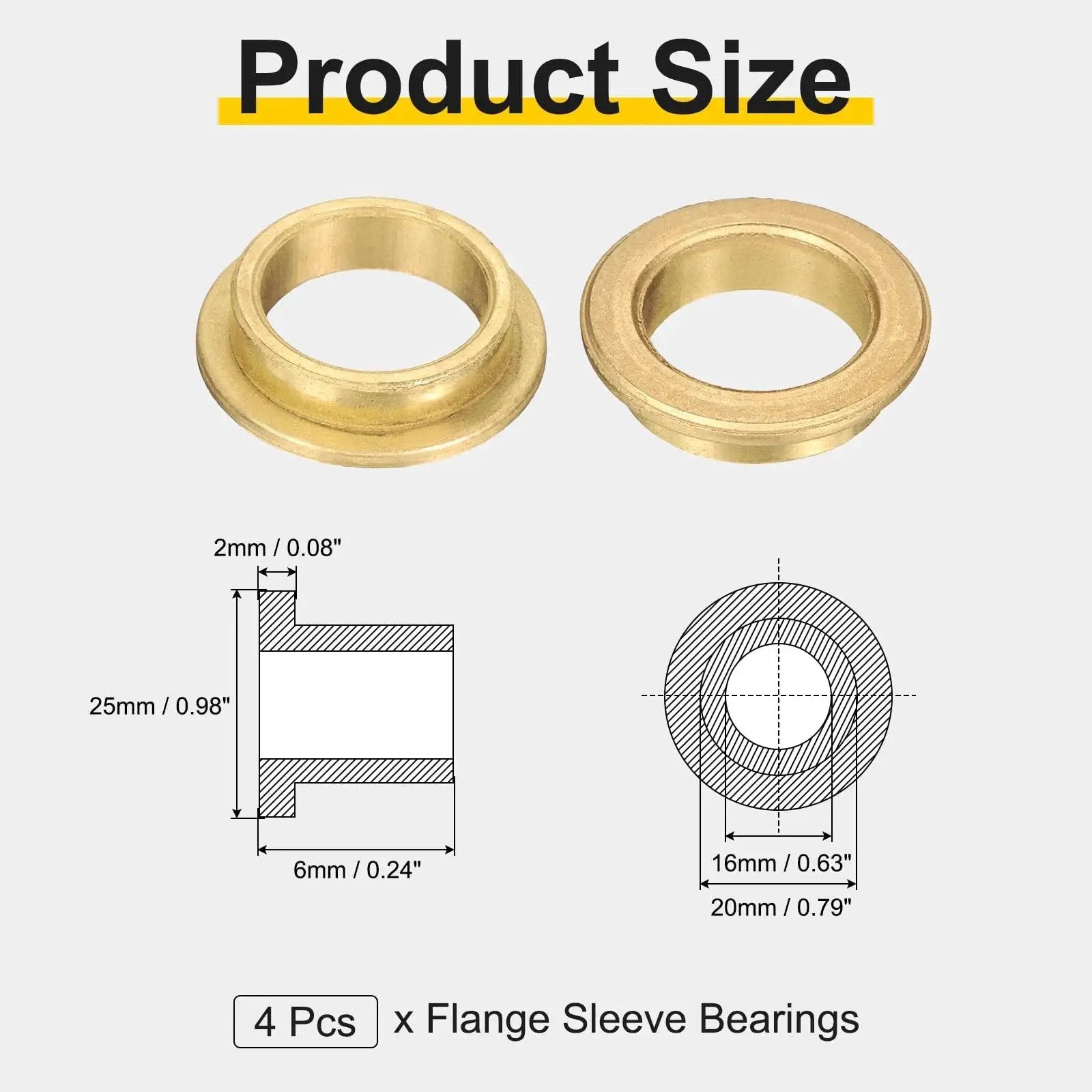 4 Pcs Flange Sleeve Bearings With 16mm Bore 20mm OD 6mm Length 25mm Flange Diameter 2mm Flange Thickness diagram