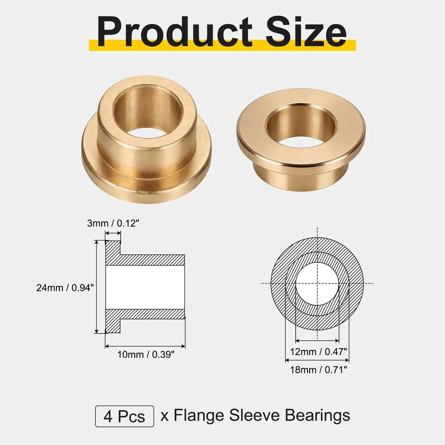 Pro Grade Heavy Duty Flange Sleeve Bearings Pack dimensions and diagrams, self lubricating sintered bronze bushings, 12mm bore
