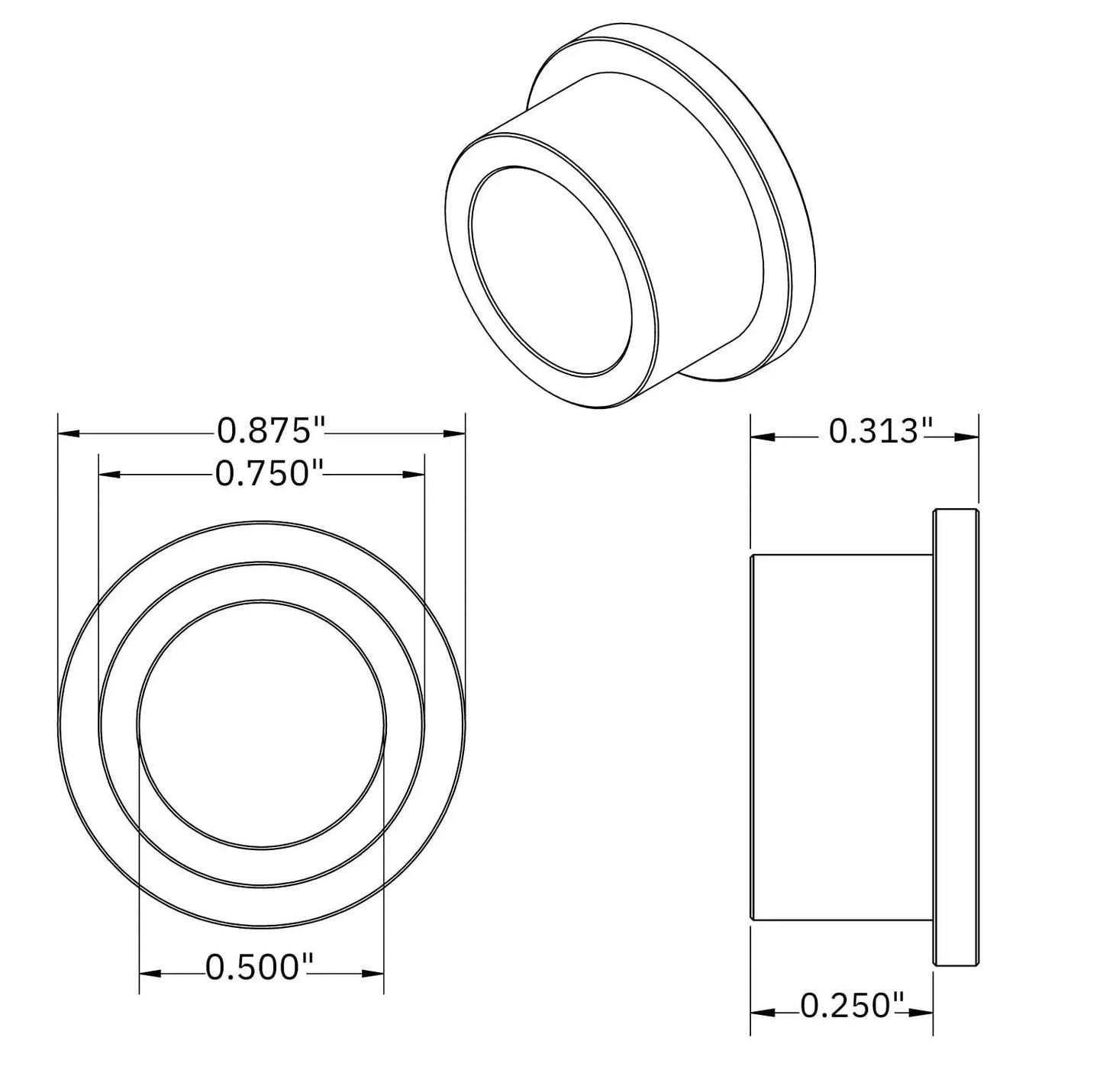 Diagram of oil impregnated bronze flanged bushings with 0.500 in bore, 0.750 in OD, 0.875 in flange, 0.313 in width for axles and machinery.
