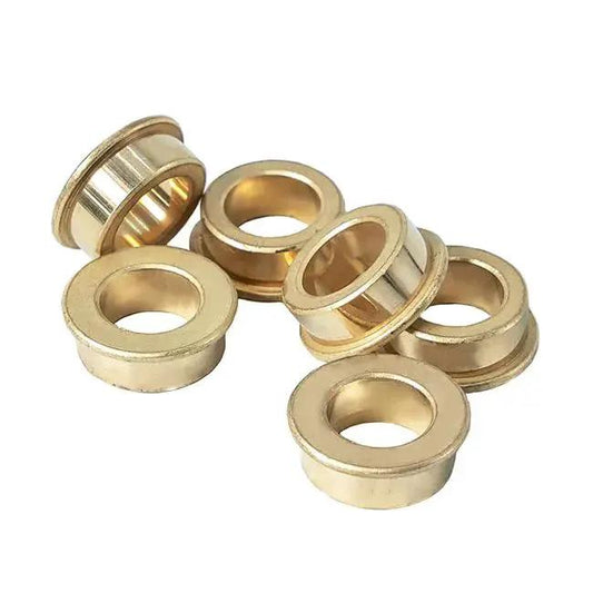 Oil Impregnated Bronze Flanged Bushings With 0.500 In Bore, 0.750 In OD, 0.875 In Flange, 0.313 In Width, 6 pack on white background