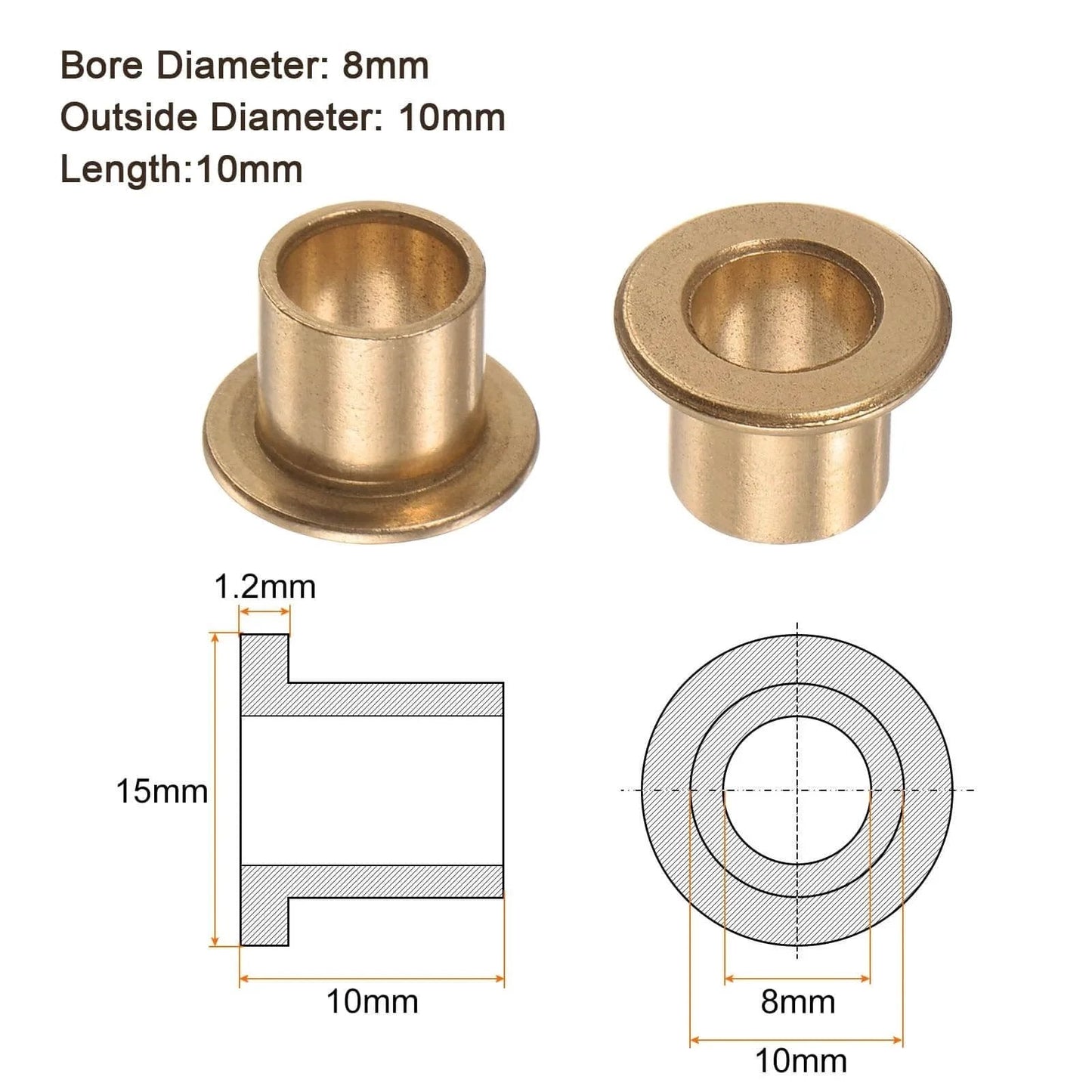 Two Pack Flanged Sleeve Bearing 8mm x 10mm x 10mm Bronze Oilless Bushing diagram and dimensions
