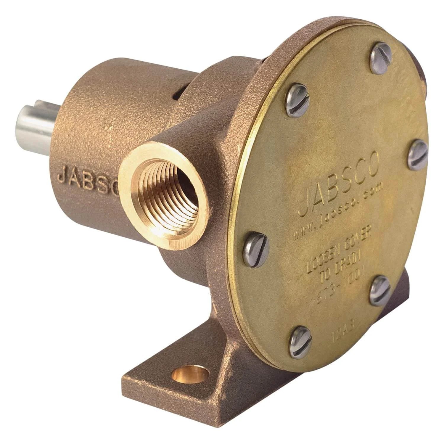 1673-1001 Marine 1673 Series Pulley Driven Flexible Impeller Pump, bronze body, side view showing 1/2" NPT port
