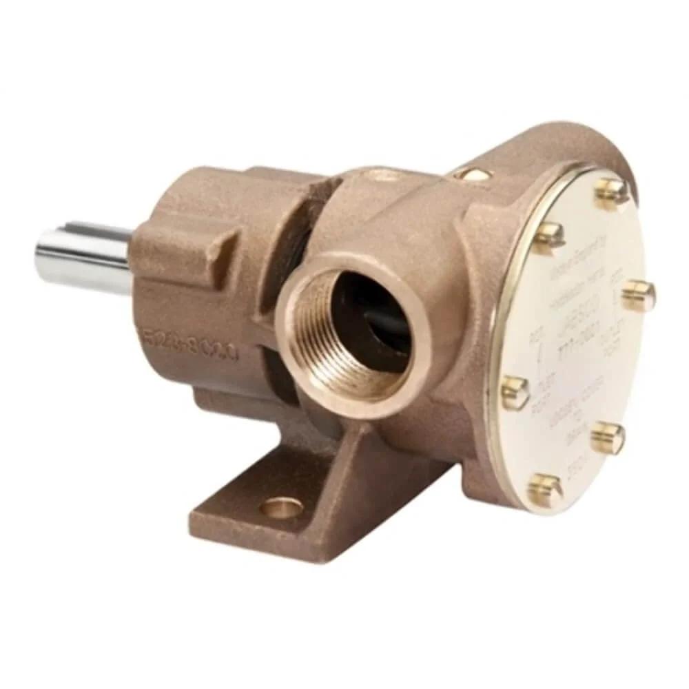 777-9001 Marine Pulley Driven Flexible Impeller Pedestal Mount Pump, bronze, side view showing 1" NPT ports and stainless shaft.