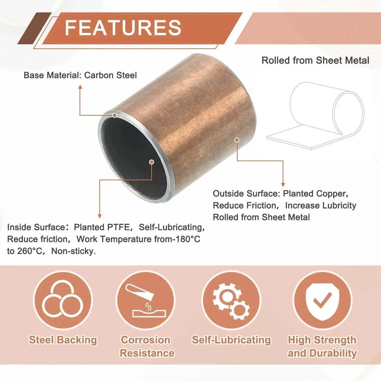Five Pack Sleeve Bearings With Three Quarters Inch Bore And Seven Eighths Inch Outer Diameter One Inch Length Self Lubricating Oilless Bushings product detail image
