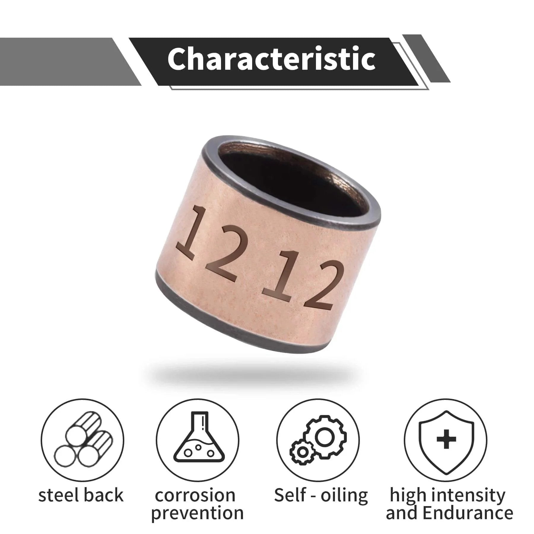 Close-up of a 4 Pcs Sleeve Bearings 12mm Bore 15mm OD 12mm Length Oilless Bronze Sintered Bushing with features listed below