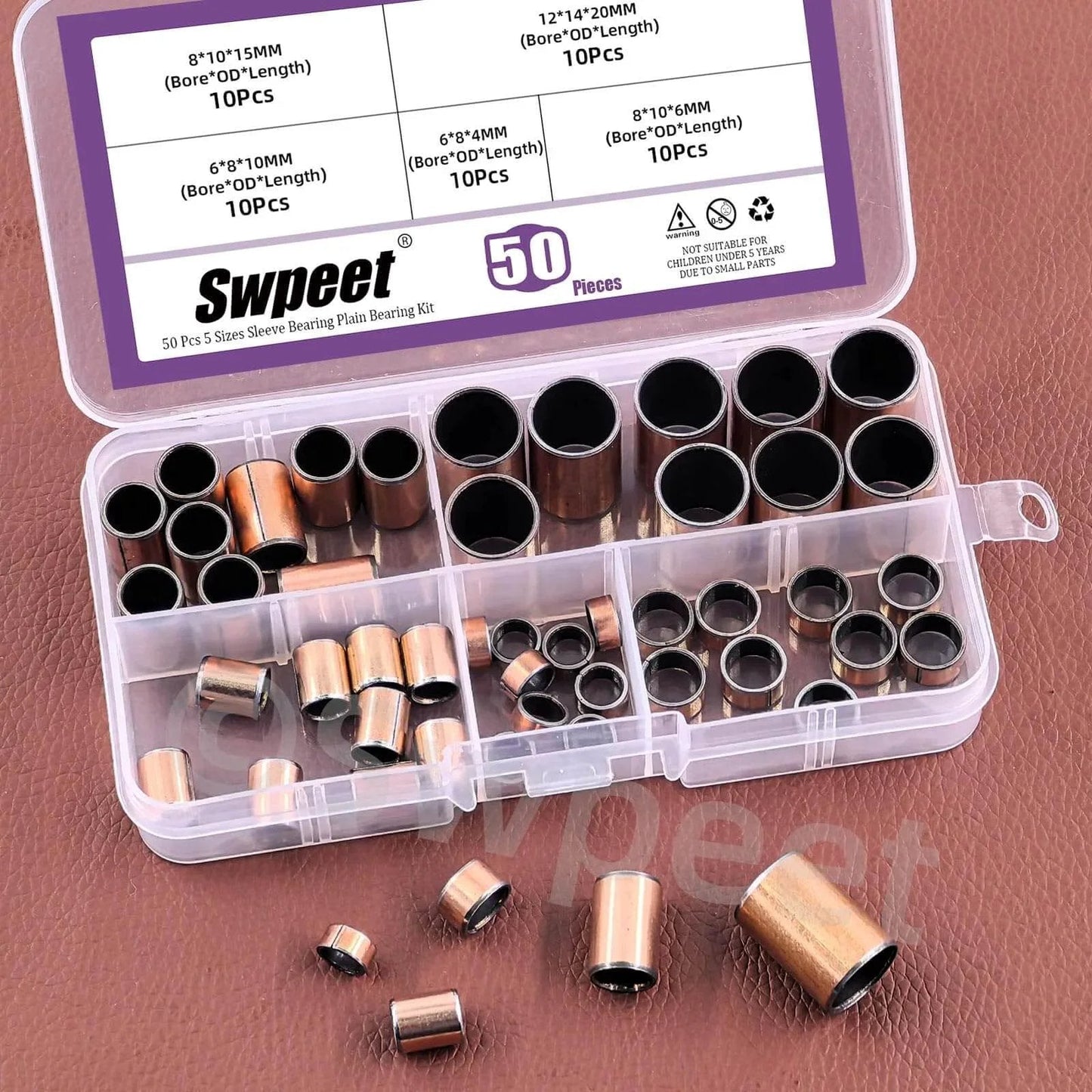 Five Size Sleeve Bearing Assortment Kit With Ten Pieces Each Size 6x8x4mm 6x8x10mm 8x10x6mm 8x10x15mm 12x14x20mm displayed in box