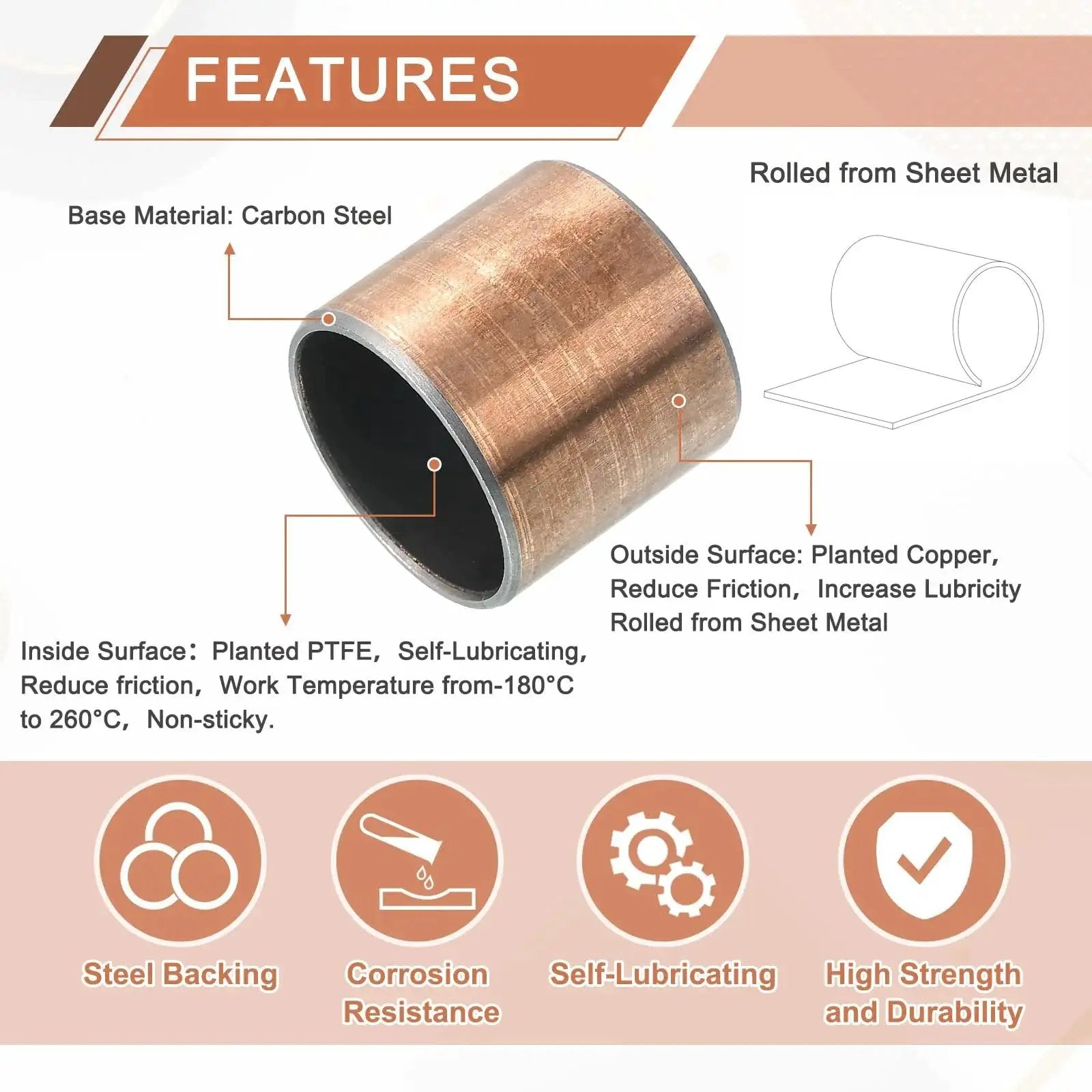 Three Pack Sleeve Bearings With 1 Inch Bore 1-1/8 Inch Outer Diameter And 1 Inch Length Self Lubricating Oilless Bushings, features and materials