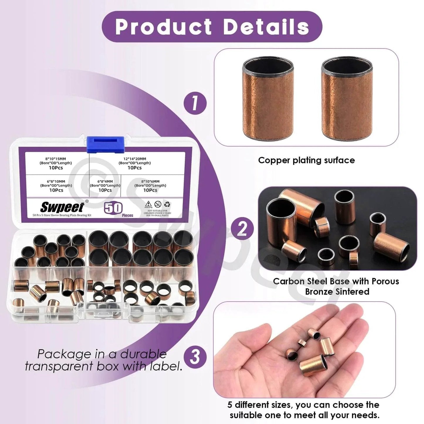 Five Size Sleeve Bearing Assortment Kit With Ten Pieces Each Size, copper plating, bronze sintered bushings in labeled storage box.