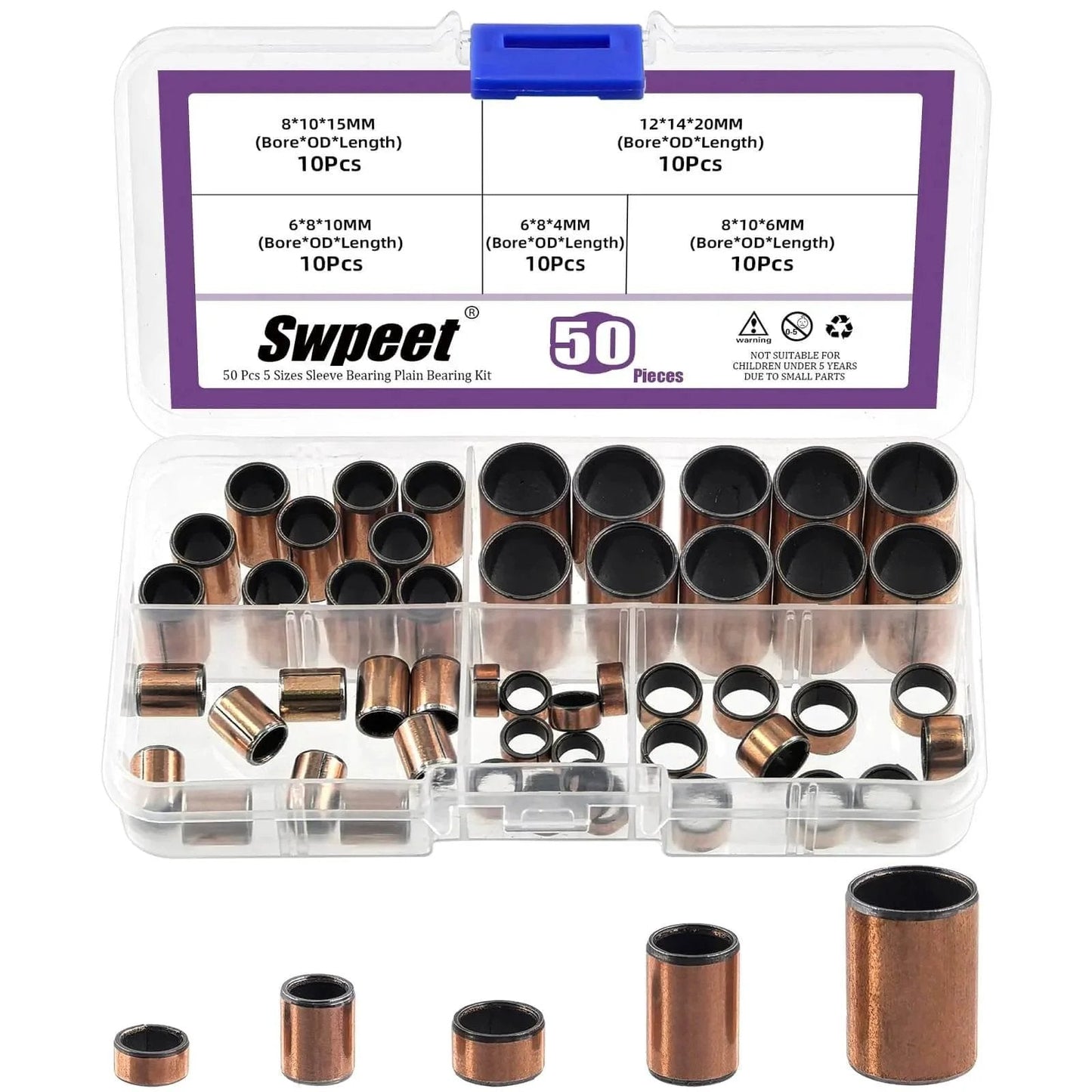 Image of Five Size Sleeve Bearing Assortment Kit with 50 bronze sintered bushings in a storage box, sizes: 6x8x4mm to 12x14x20mm.