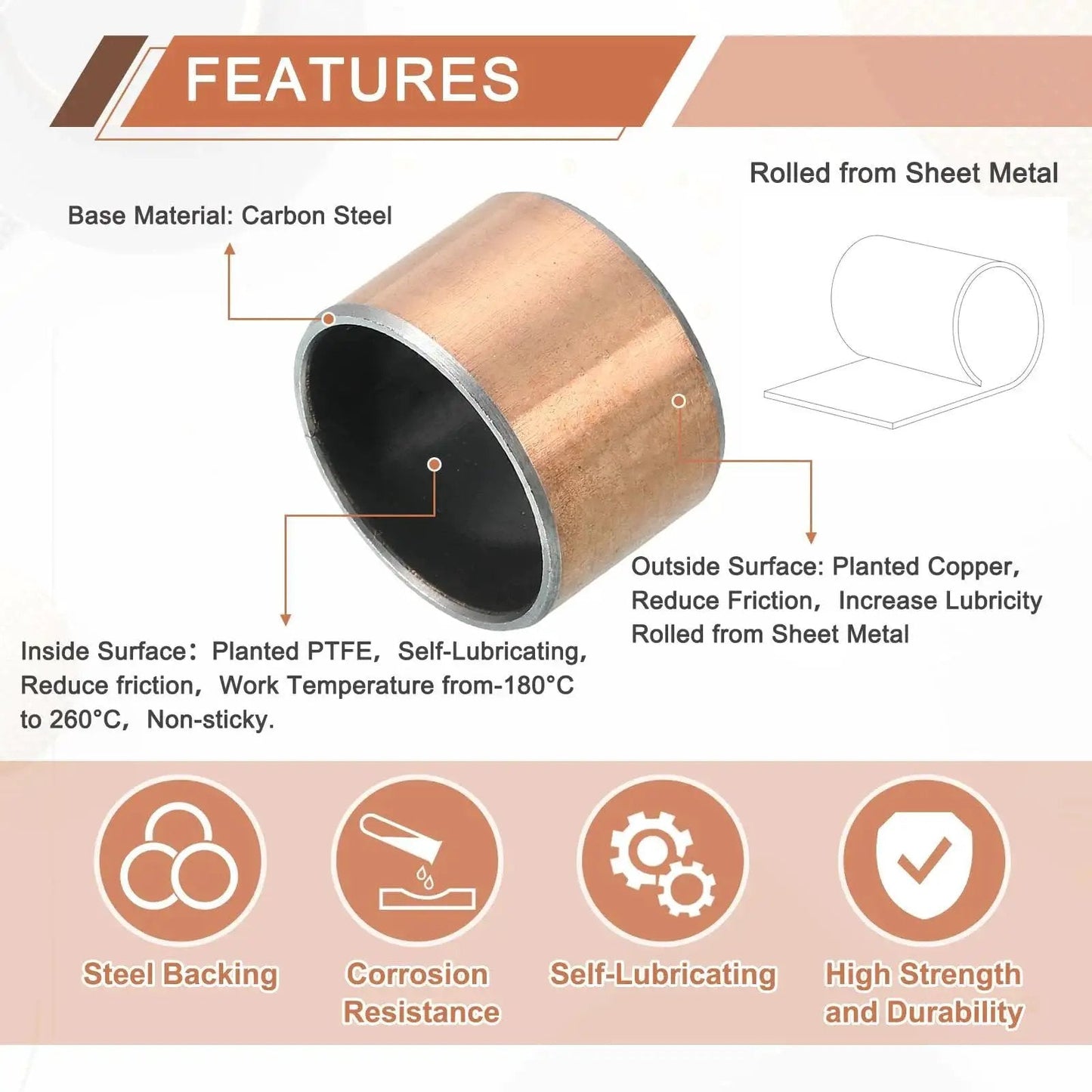 Two Piece Sleeve Bearings Set One Inch Bore, One And One Eighth Inch Outer Diameter, Three Quarter Inch Length Self Lubricating Oil Free Wrapped Bronze Sintered Bushings Features