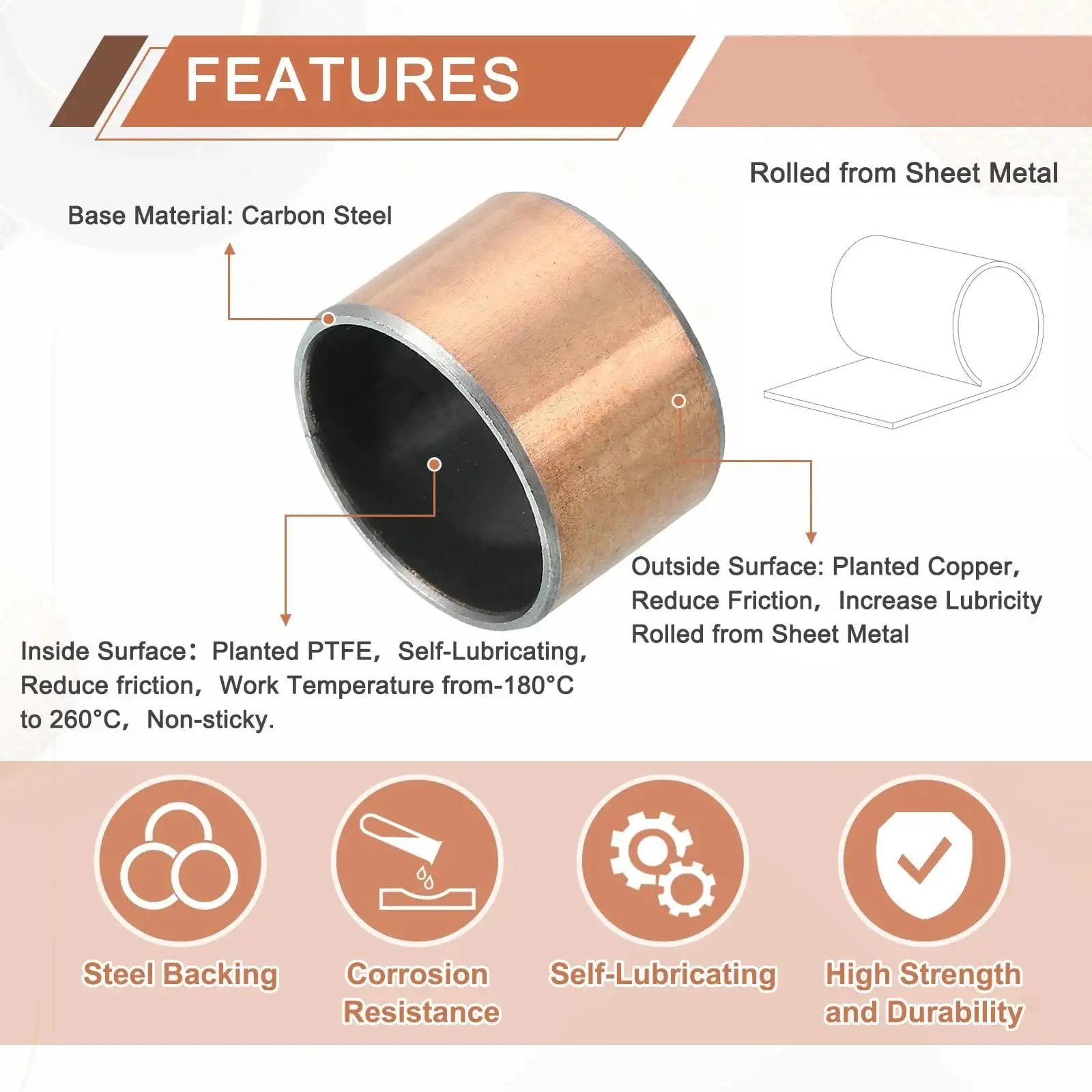 Two Piece Sleeve Bearings Set One Inch Bore, One And One Eighth Inch Outer Diameter, Three Quarter Inch Length Self Lubricating Oil Free Wrapped Bronze Sintered Bushings Features