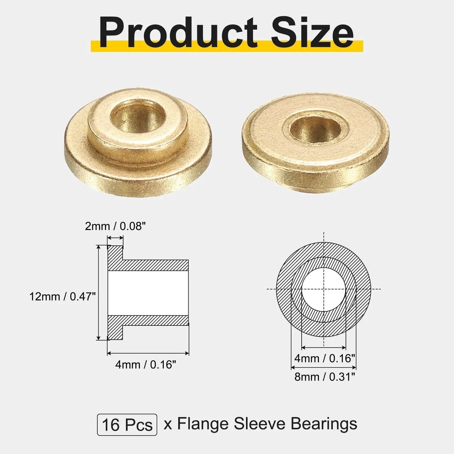 Diagram showing 16 Pcs Flange Sleeve Bearings 4mm Bore 8mm OD 4mm Length with dimensions and design details for precision applications.