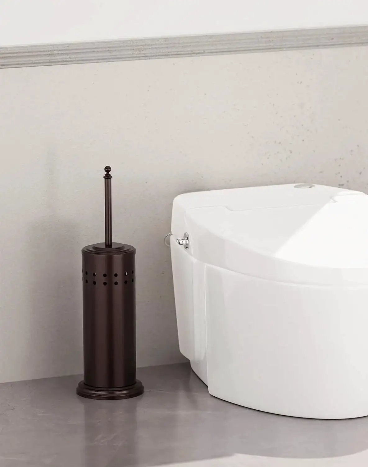 Anti Hand Off Toilet Plunger With Holder, bronze finish with rust-resistant iron canister beside toilet for deep cleaning clogs.