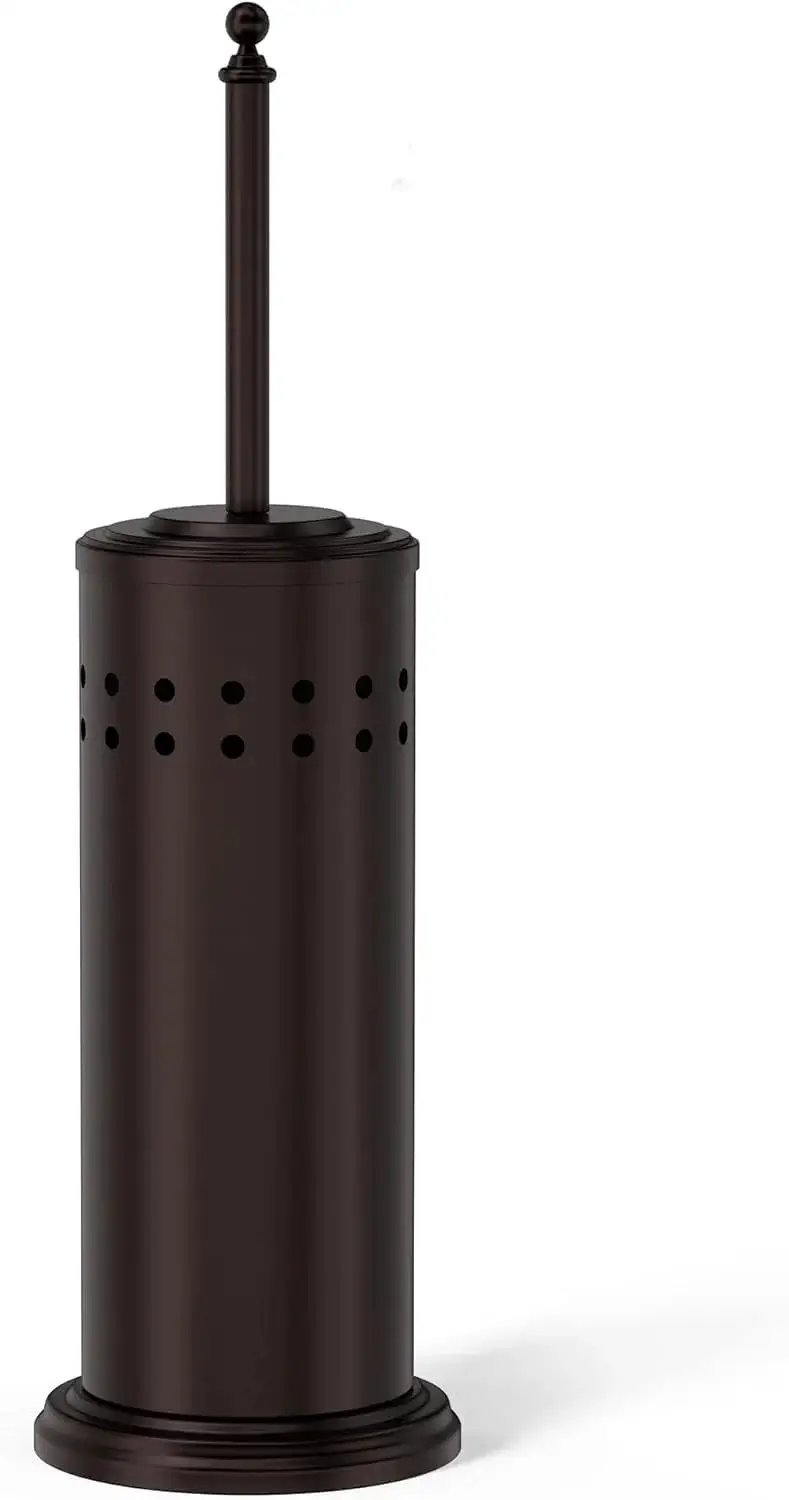 Anti Hand Off Toilet Plunger With Holder, bronze finish, rust-resistant iron with powder-coated canister and holder for bathroom cleaning.