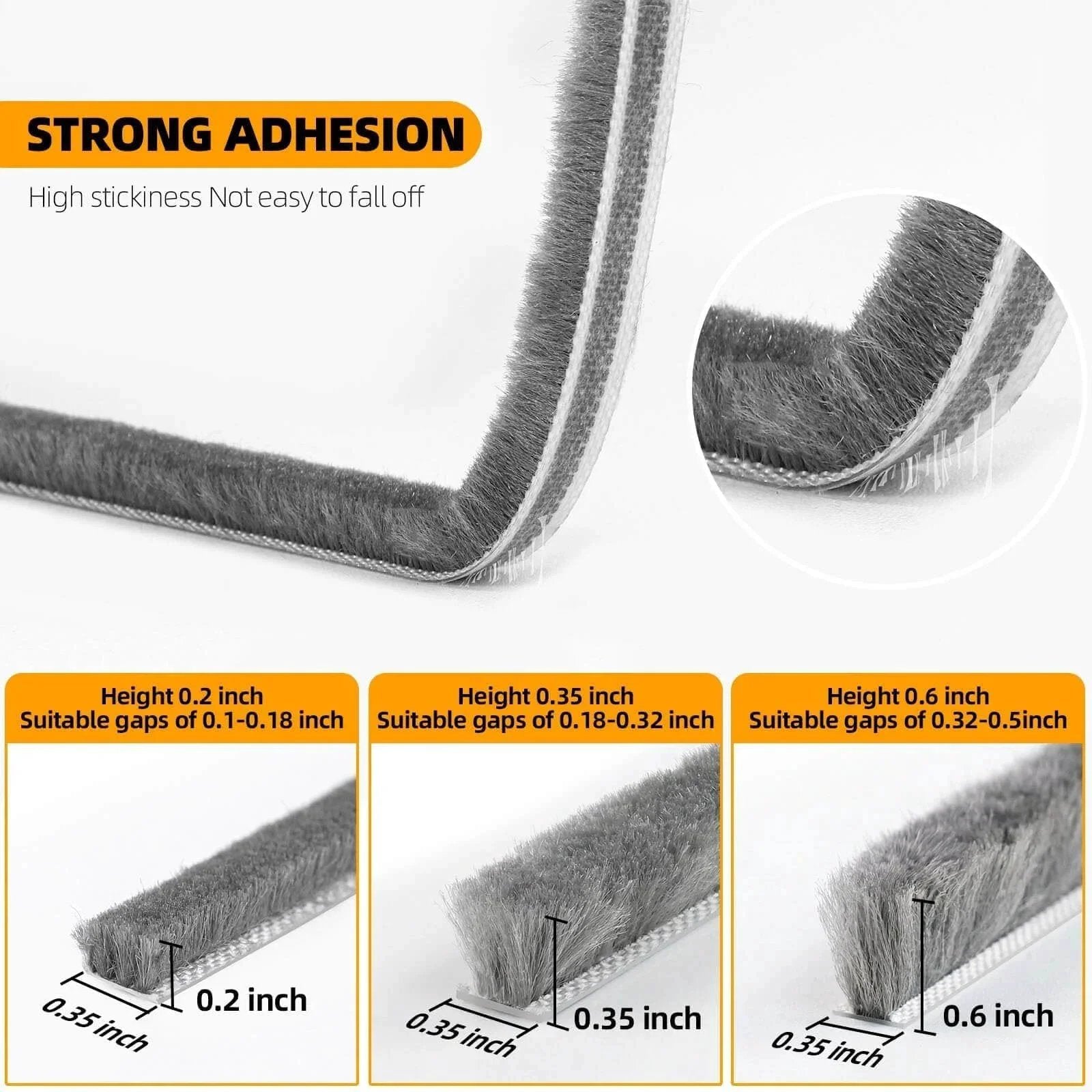 40FT Weather Stripping Door Seal Window Seal with brush insulation for gaps of 0.1-0.6 inch, showcasing strong adhesive properties.