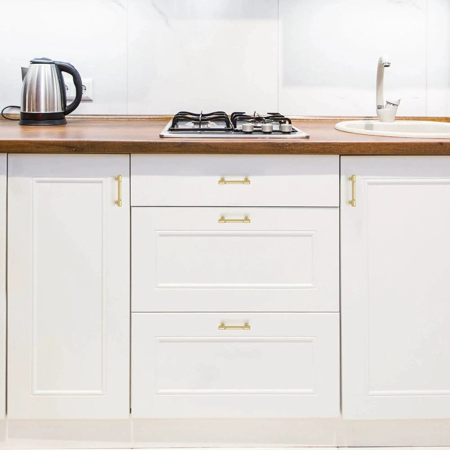 White kitchen cabinets with 2 Pack 3 Inch Center Kitchen Cabinet Handles In Brushed Brass Solid Zinc Alloy Dresser Pulls For Cabinets And Drawers
