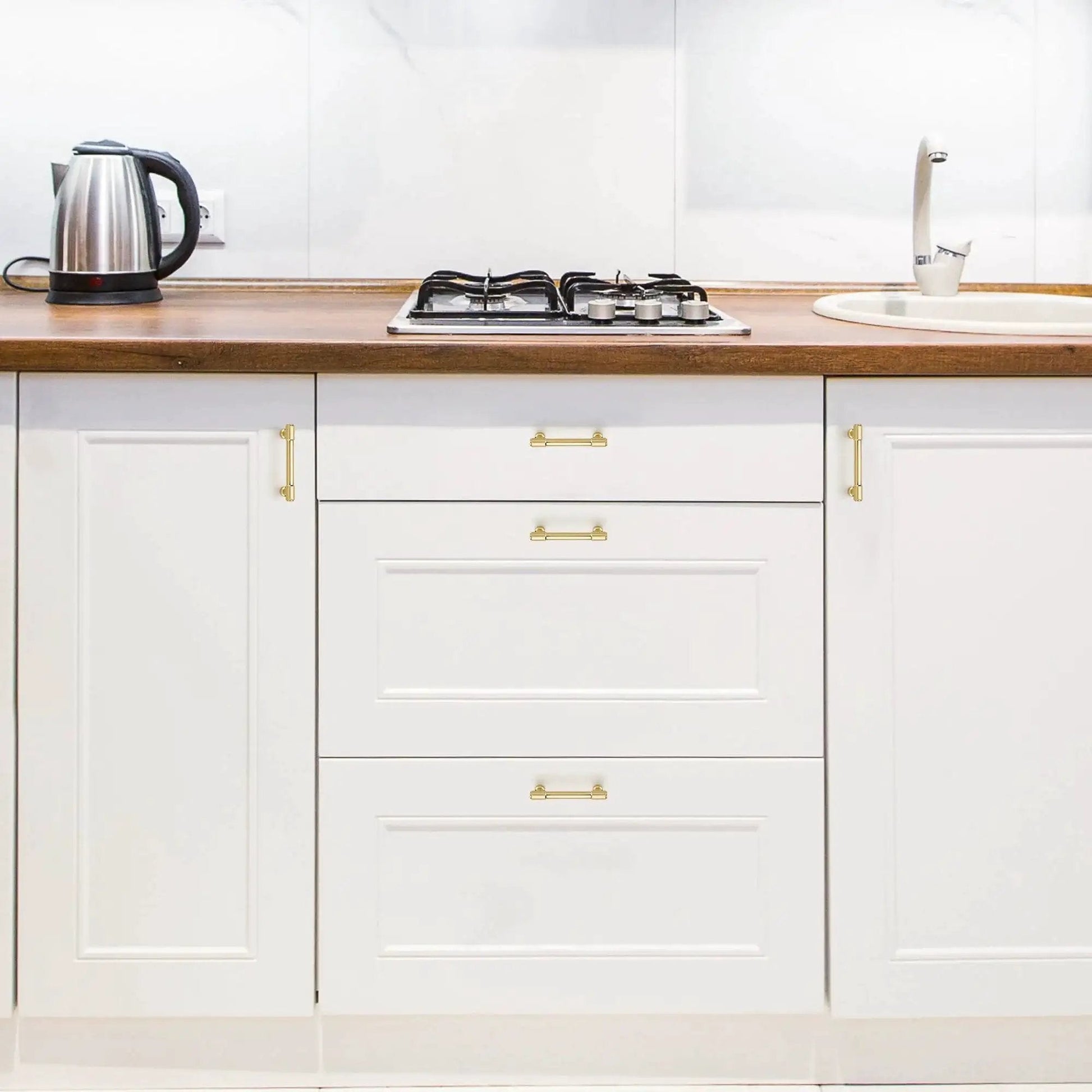 White kitchen cabinets with 2 Pack 3 Inch Center Kitchen Cabinet Handles In Brushed Brass Solid Zinc Alloy Dresser Pulls For Cabinets And Drawers