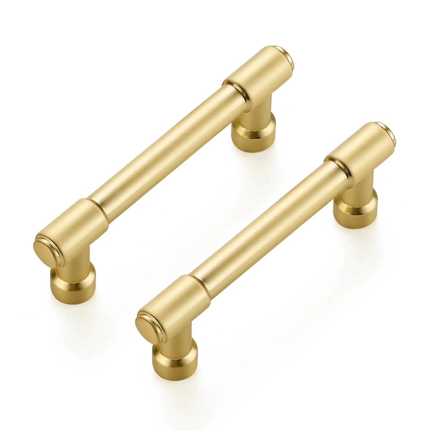 2 Pack 3 Inch Center Kitchen Cabinet Handles in brushed brass solid zinc alloy, 99 mm total length, for drawers and dressers.