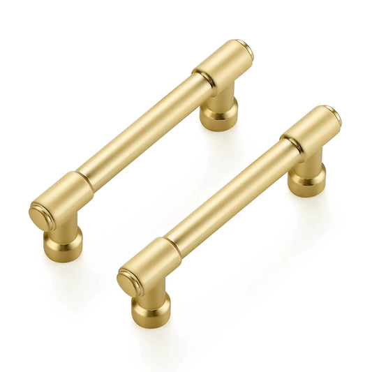 2 Pack 3 Inch Center Kitchen Cabinet Handles in brushed brass solid zinc alloy, 99 mm total length, for drawers and dressers.