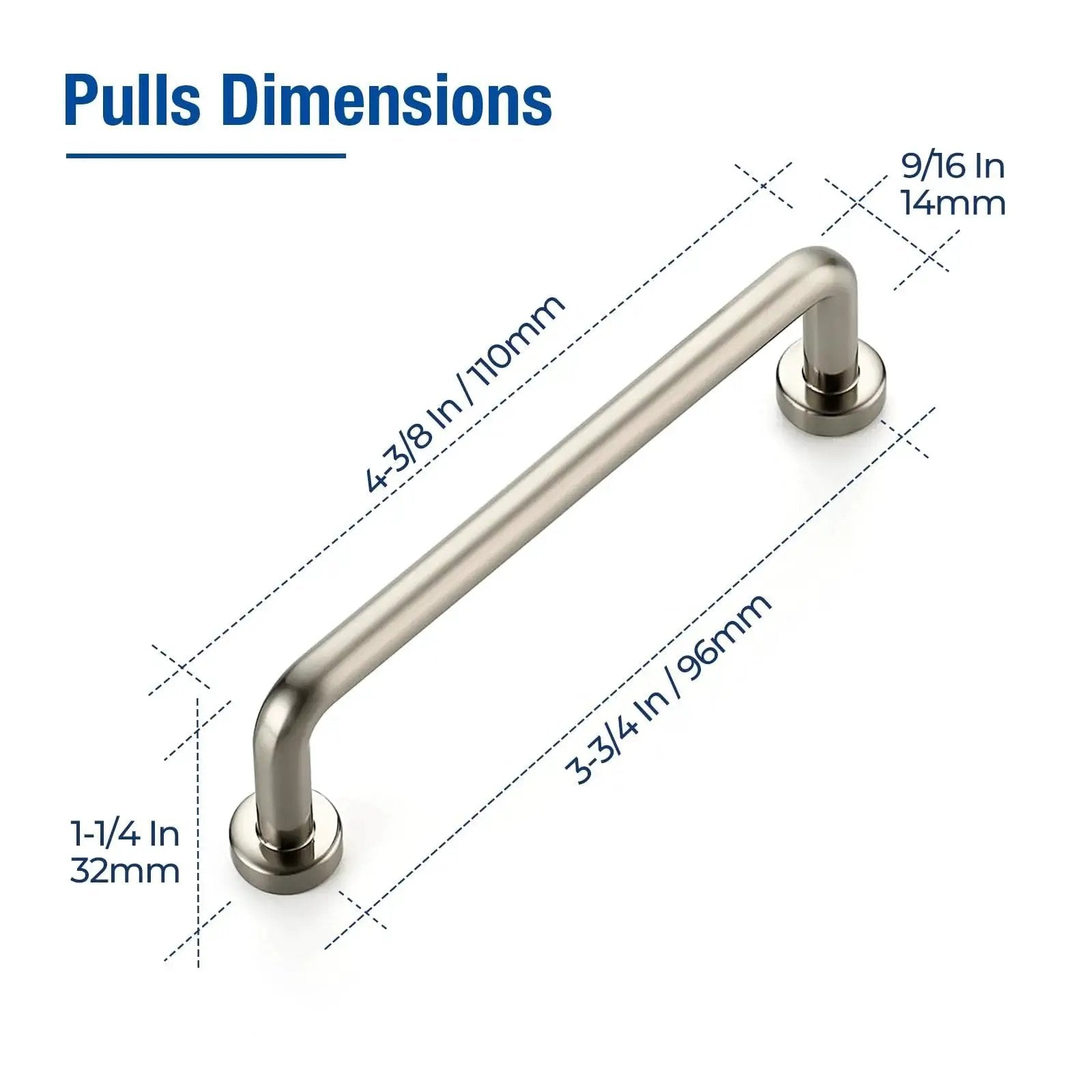 Brushed Nickel Cabinet Pulls 3-3/4 Inch Hole Center 20 Pack for Drawers and Cupboards dimensions diagram