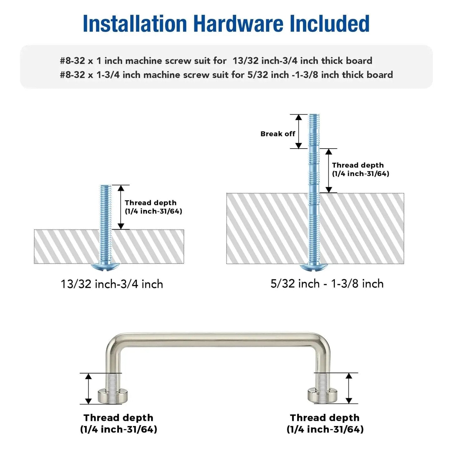 Diagram of Brushed Nickel Cabinet Pulls 3-3/4 Inch Hole Center 20 Pack For Drawers And Cupboards showing installation hardware details.