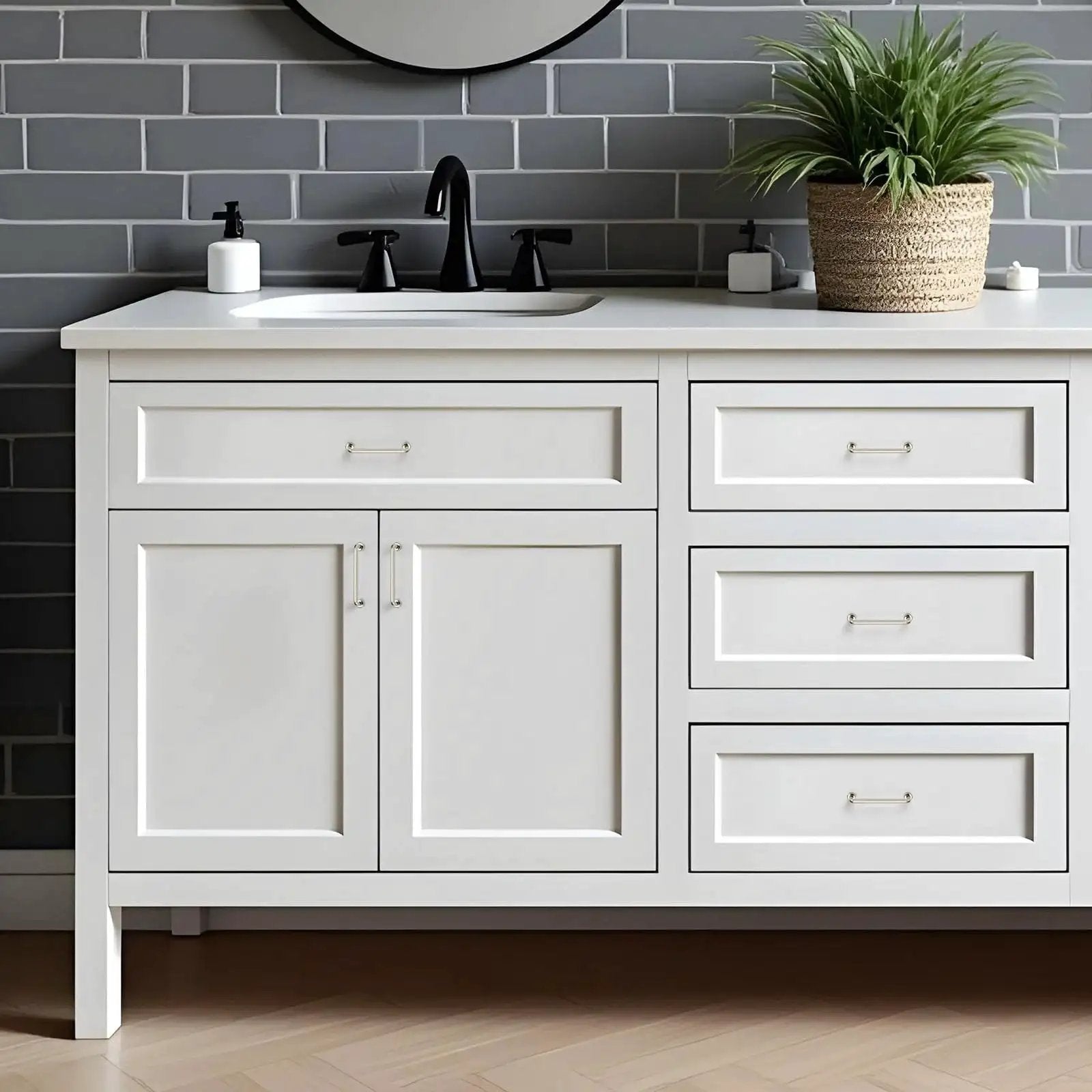 Bathroom vanity with Brushed Nickel Cabinet Pulls 3-3/4 Inch Hole Center 20 Pack For Drawers And Cupboards Vintage Style Hardware visible