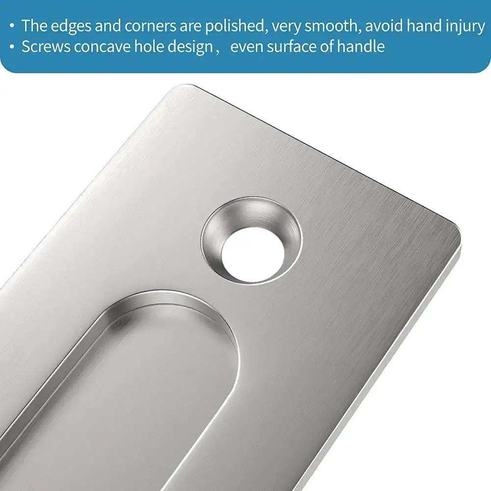 Close-up of Two Sided Sliding Barn Door Handle Hardware In Brushed Stainless Steel 304 Twelve Inch Length Flush Pull Design