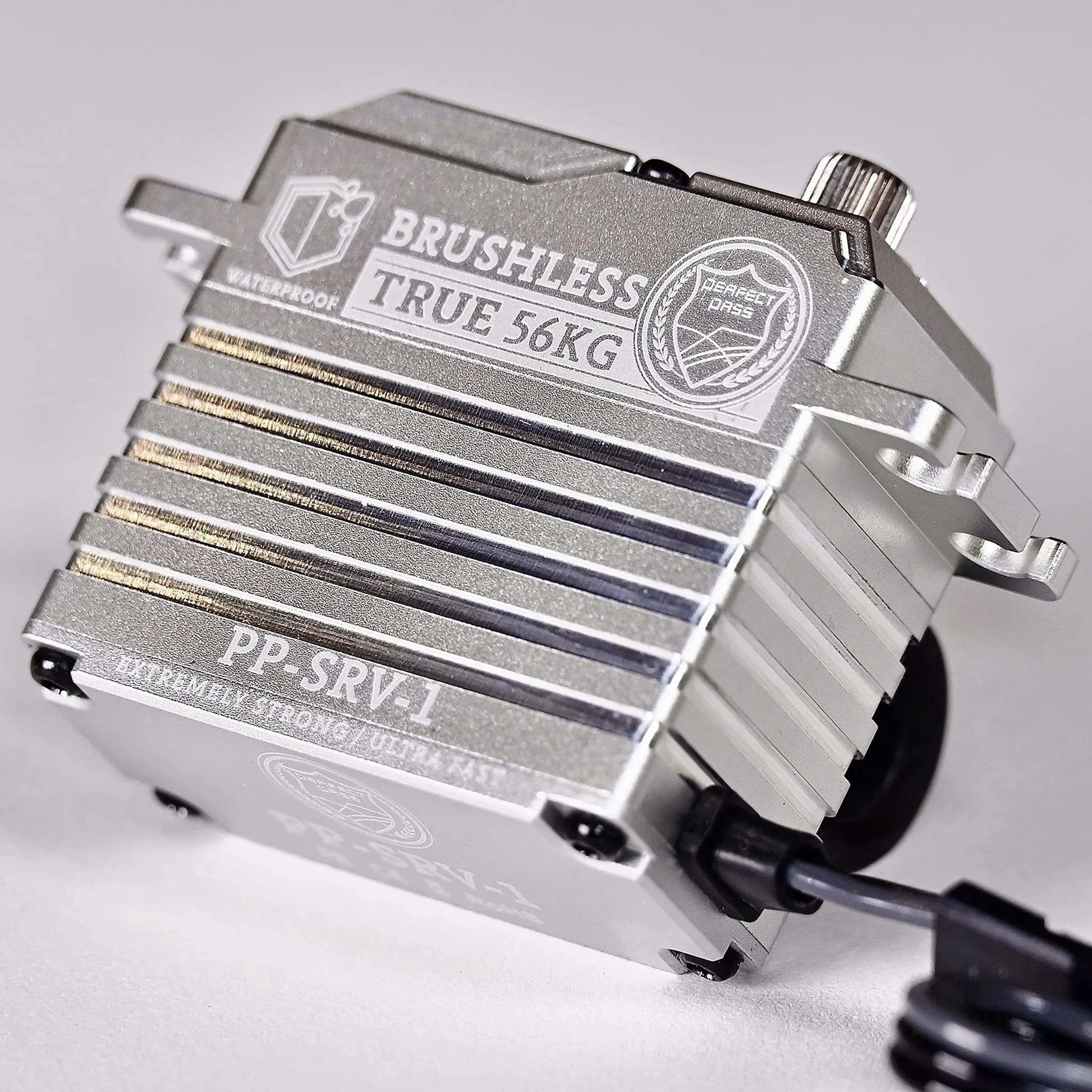 56KG Waterproof Brushless High Torque HV Ultra Fast Digital Servo Full Metal Gears for RC CAR, side view of metal casing