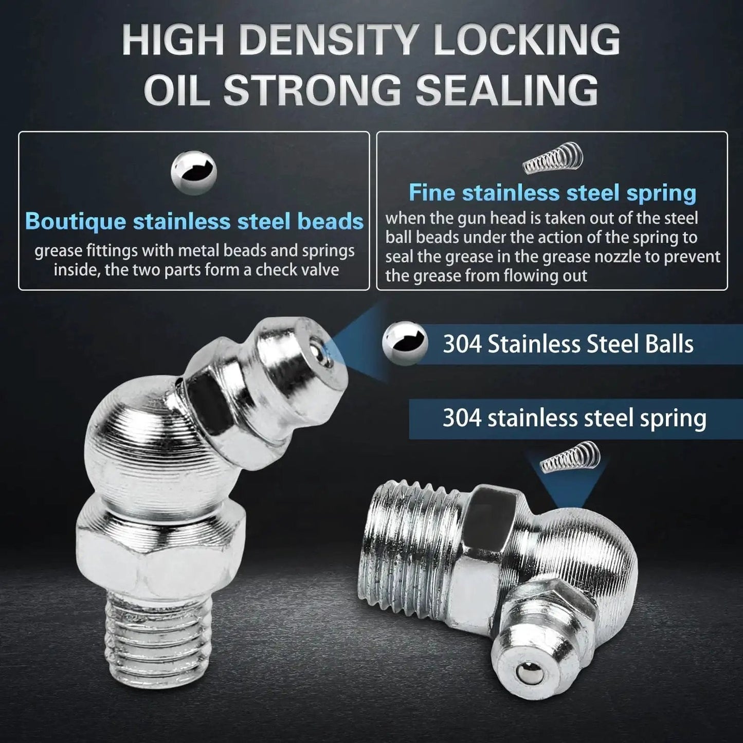 Close-up of 60 Piece Grease Fittings Kit With One Quarter Inch And One Eighth Inch BSP Threads Featuring Ninety Degree Forty Five Degree And Straight Angles For Automotive Tractors And Industrial Machinery Maintenance Heavy Duty Lubrication Kit showing stainless steel components and sealing features