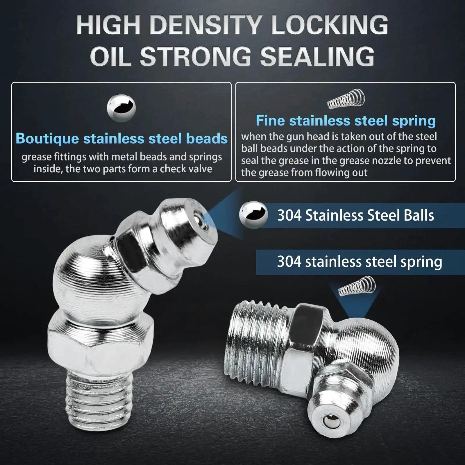 Close-up of 60 Piece Grease Fittings Kit With One Quarter Inch And One Eighth Inch BSP Threads Featuring Ninety Degree Forty Five Degree And Straight Angles For Automotive Tractors And Industrial Machinery Maintenance Heavy Duty Lubrication Kit showing stainless steel components and sealing features