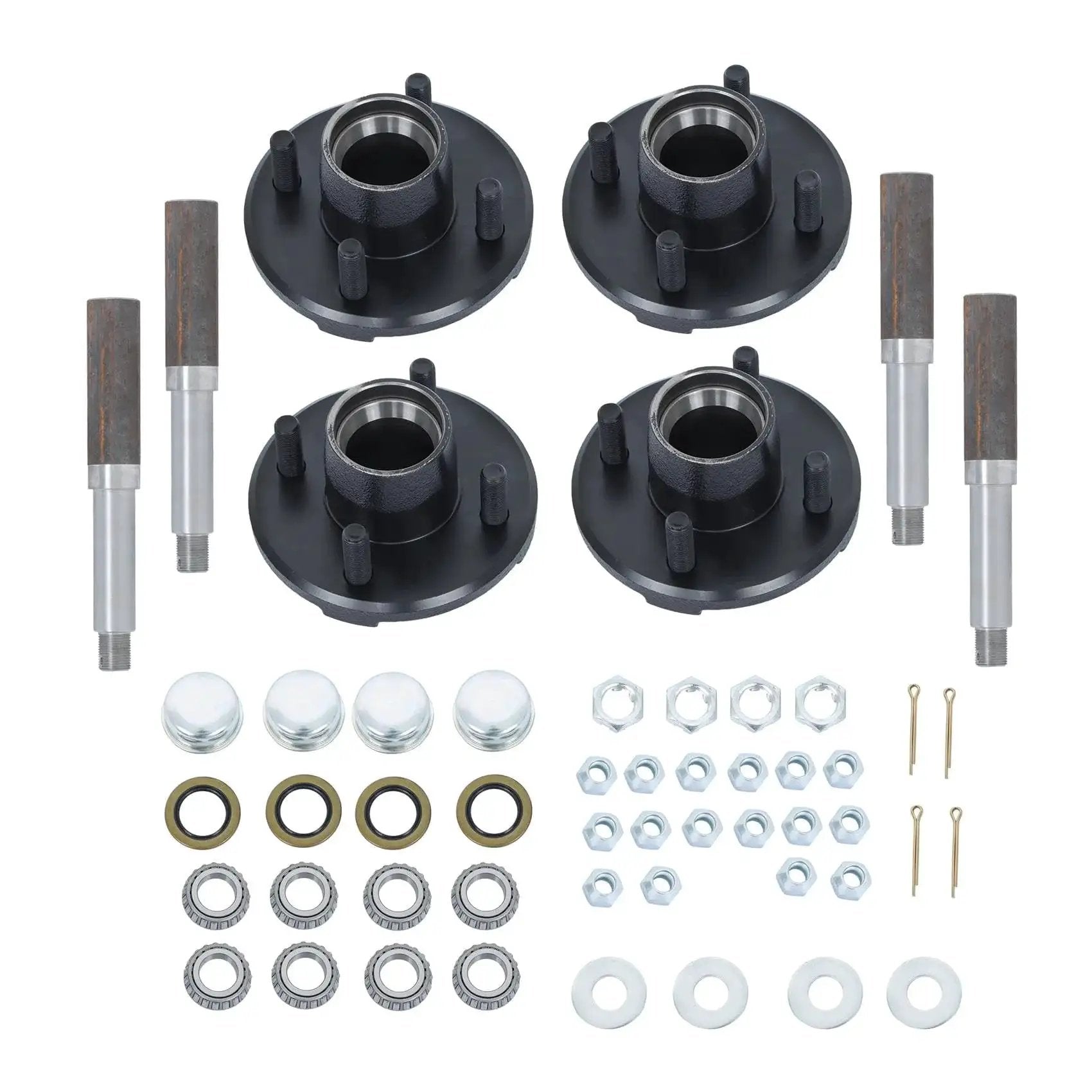 Set Of Four Trailer Hub Kit For BT8 Spindle With 4 On 4 Inch And 1 Inch Round Hubs And Bearing Kit Marine Grade Stainless Steel Built Tough For 2000 Lb Axles Ideal For Boats And Snowmobile Trailers Durable Idler Shaft Hubs shown with components