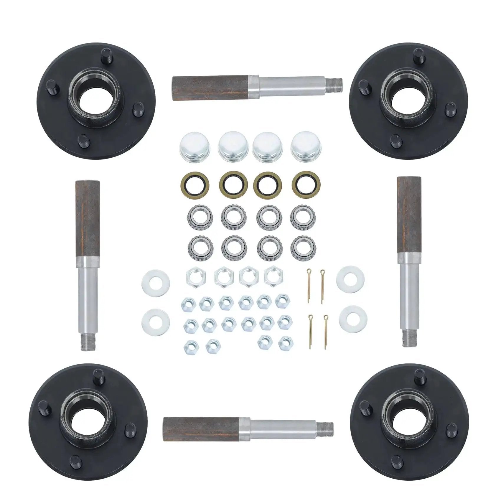 Set Of Four Trailer Hub Kit For BT8 Spindle With 4 On 4 Inch And 1 Inch Round Hubs And Bearing Kit Marine Grade Stainless Steel