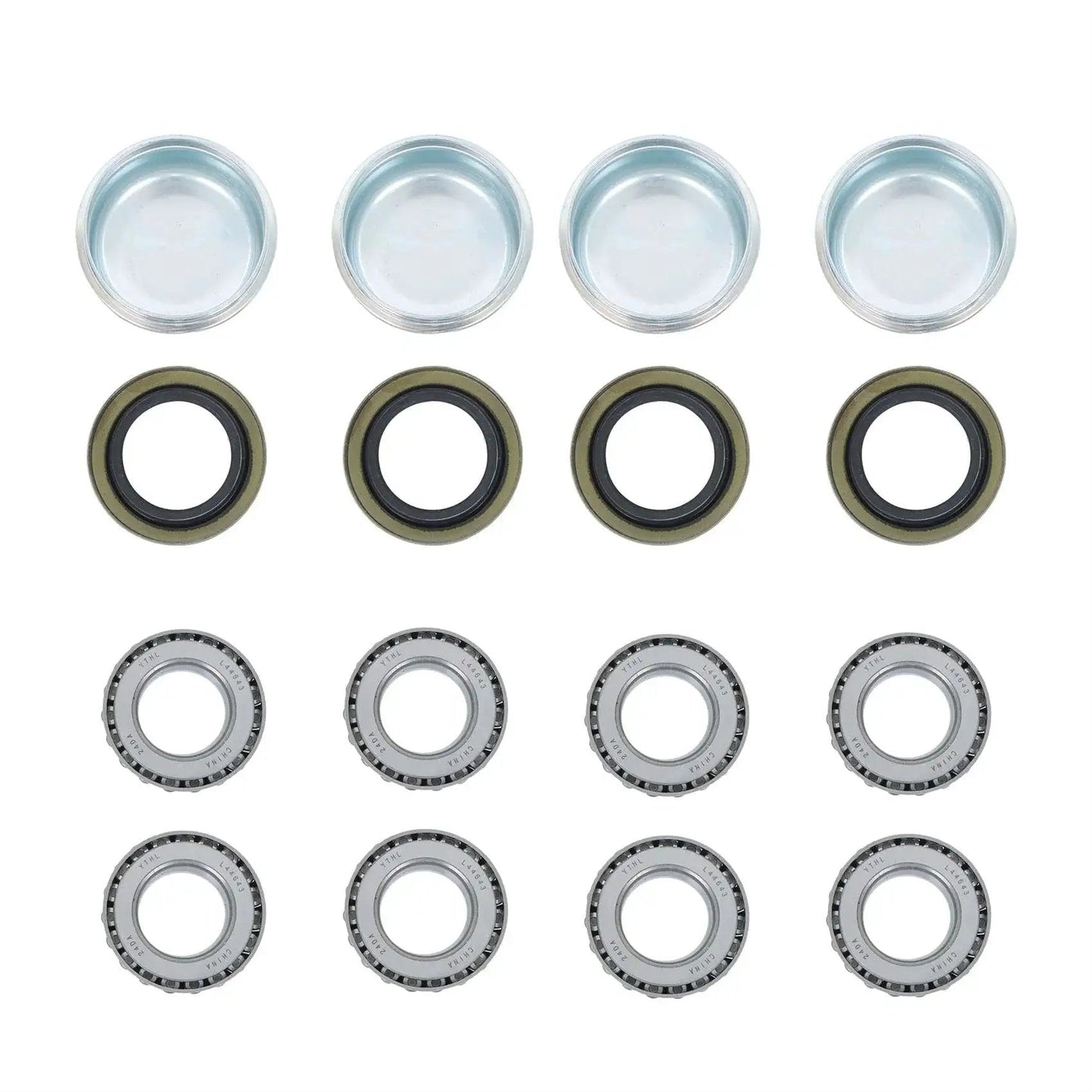 Set Of Four Trailer Hub Kit For BT8 Spindle With 4 On 4 Inch And 1 Inch Round Hubs And Bearing Kit Marine Grade Stainless Steel Built Tough For 2000 Lb Axles Ideal For Boats And Snowmobile Trailers Durable Idler Shaft Hubs showing components