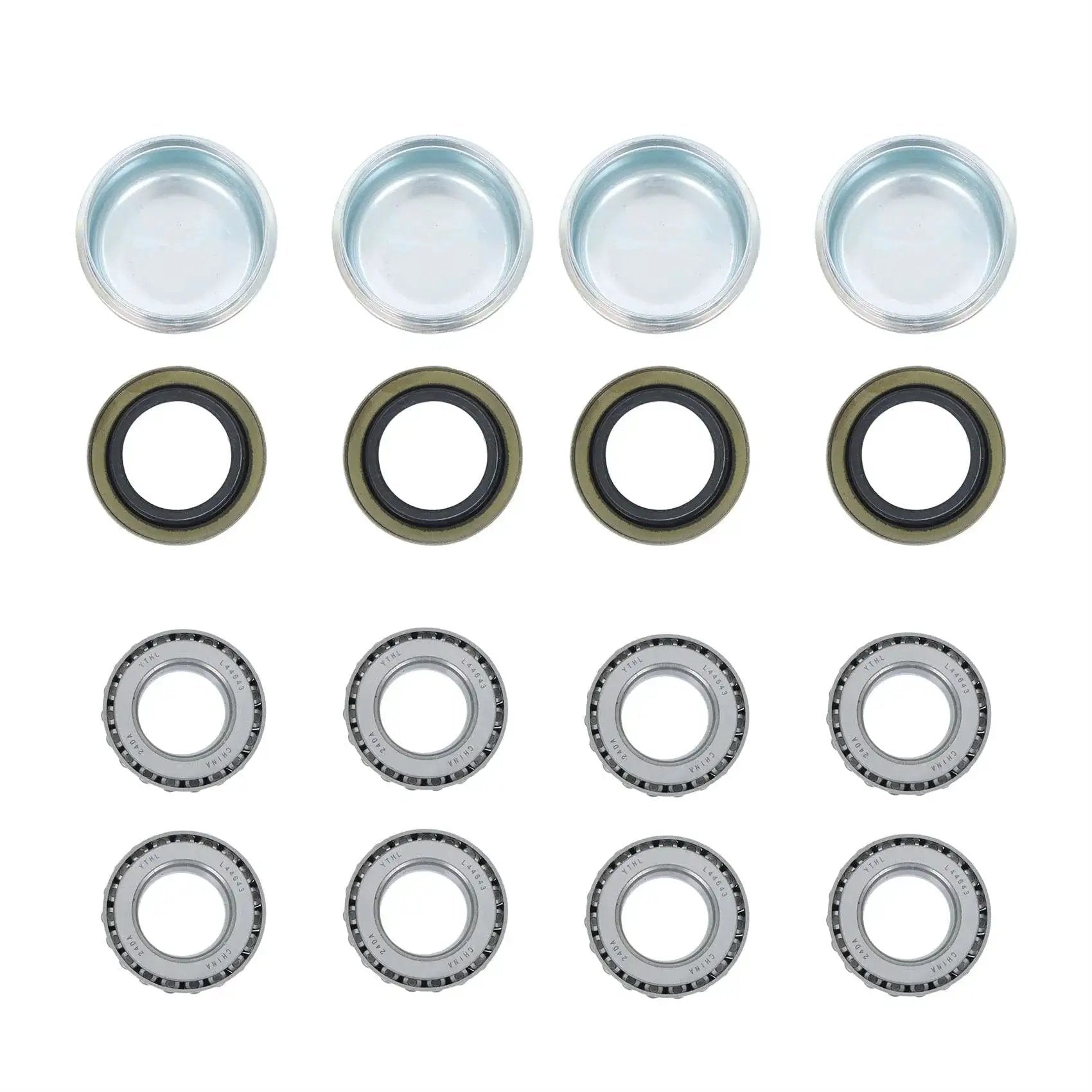 Set Of Four Trailer Hub Kit For BT8 Spindle With 4 On 4 Inch And 1 Inch Round Hubs And Bearing Kit Marine Grade Stainless Steel Built Tough For 2000 Lb Axles Ideal For Boats And Snowmobile Trailers Durable Idler Shaft Hubs showing components