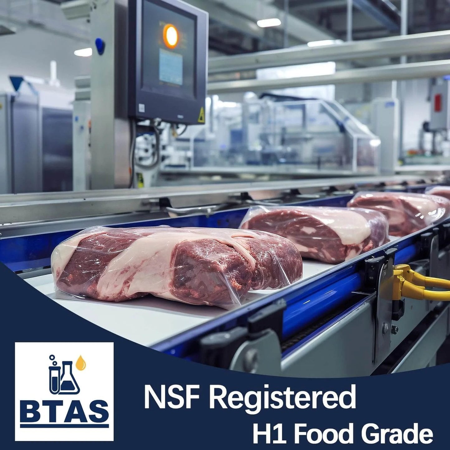 Industrial food processing line with packaged meat labelled NSF Registered H1 Food Grade by BTAS