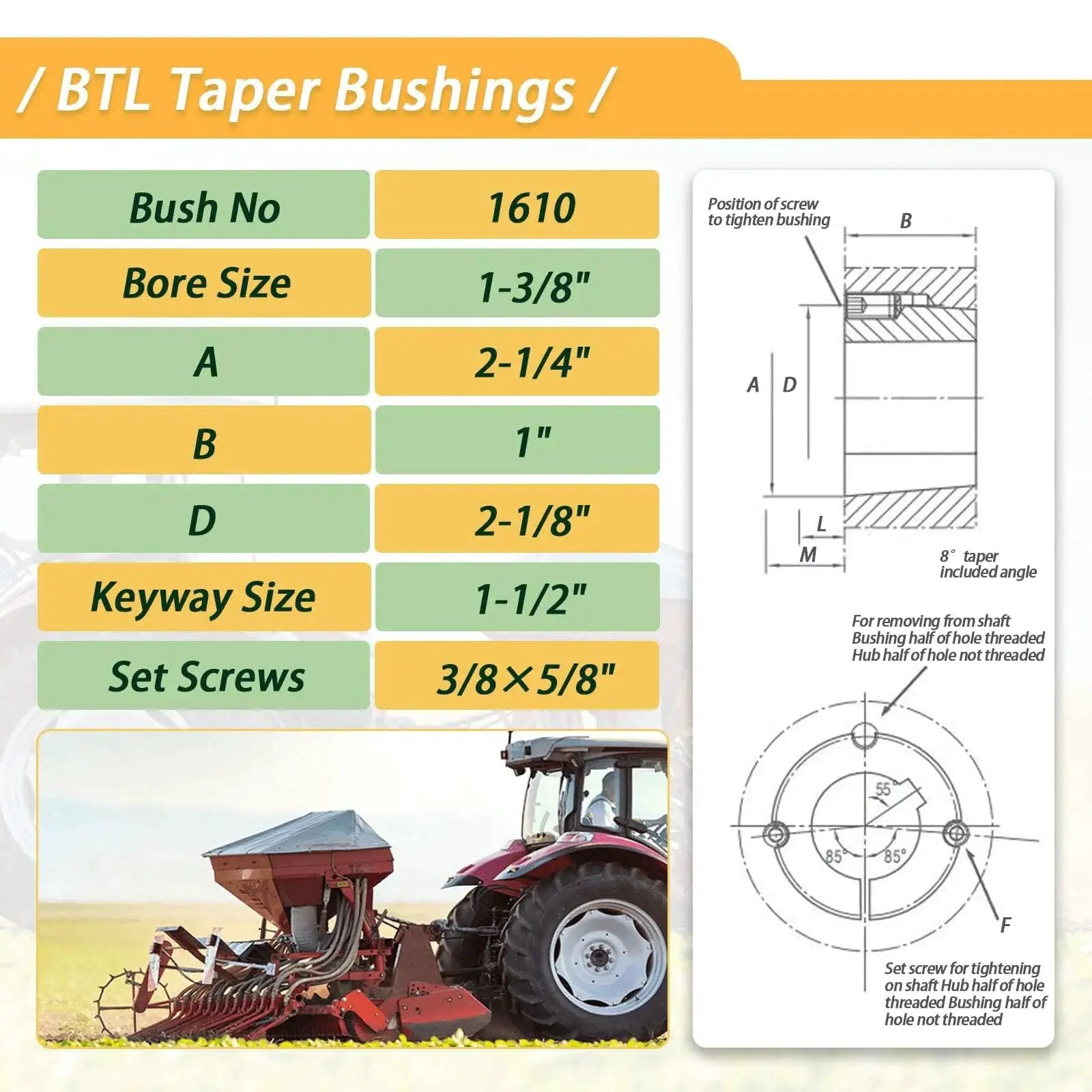 Diagram and specifications for BTL Taper Bushings, 1610 model, with bore size 1-3/8", used in tractor equipment setup.