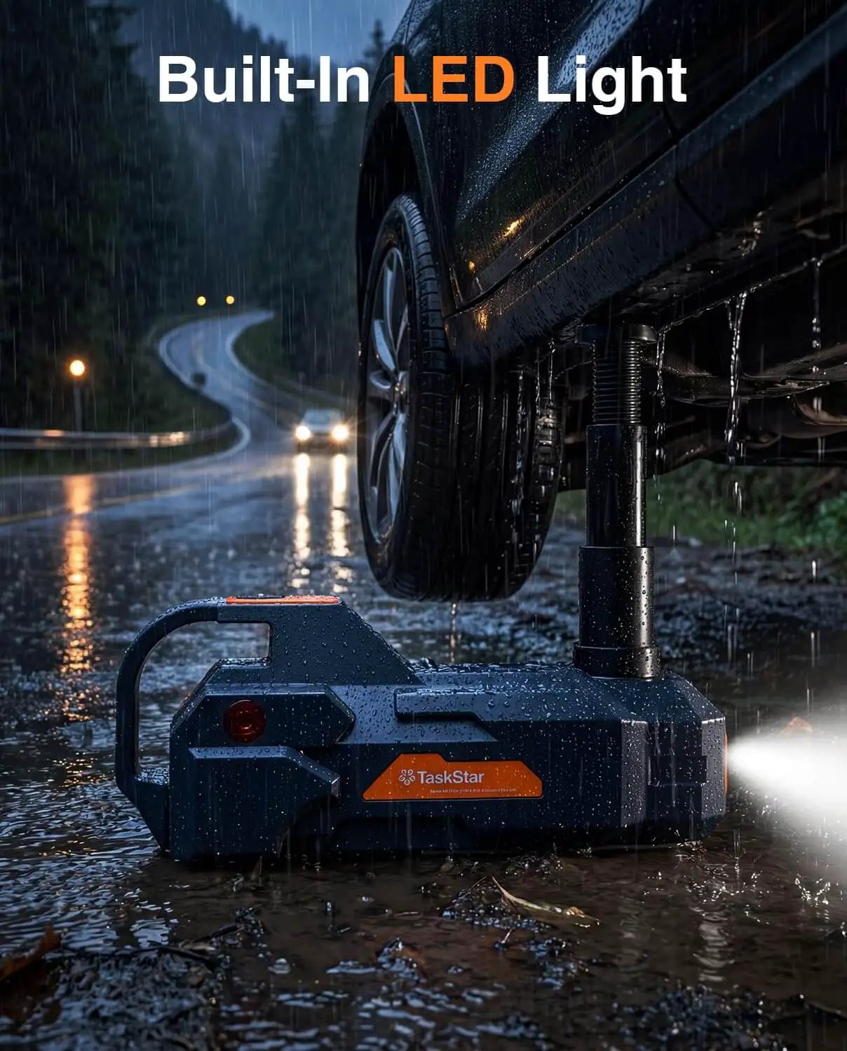 Low Profile 5 Ton 12V Electric Car Jack Kit With Built In Inflator LED Light And Wrench lifting car in rain
