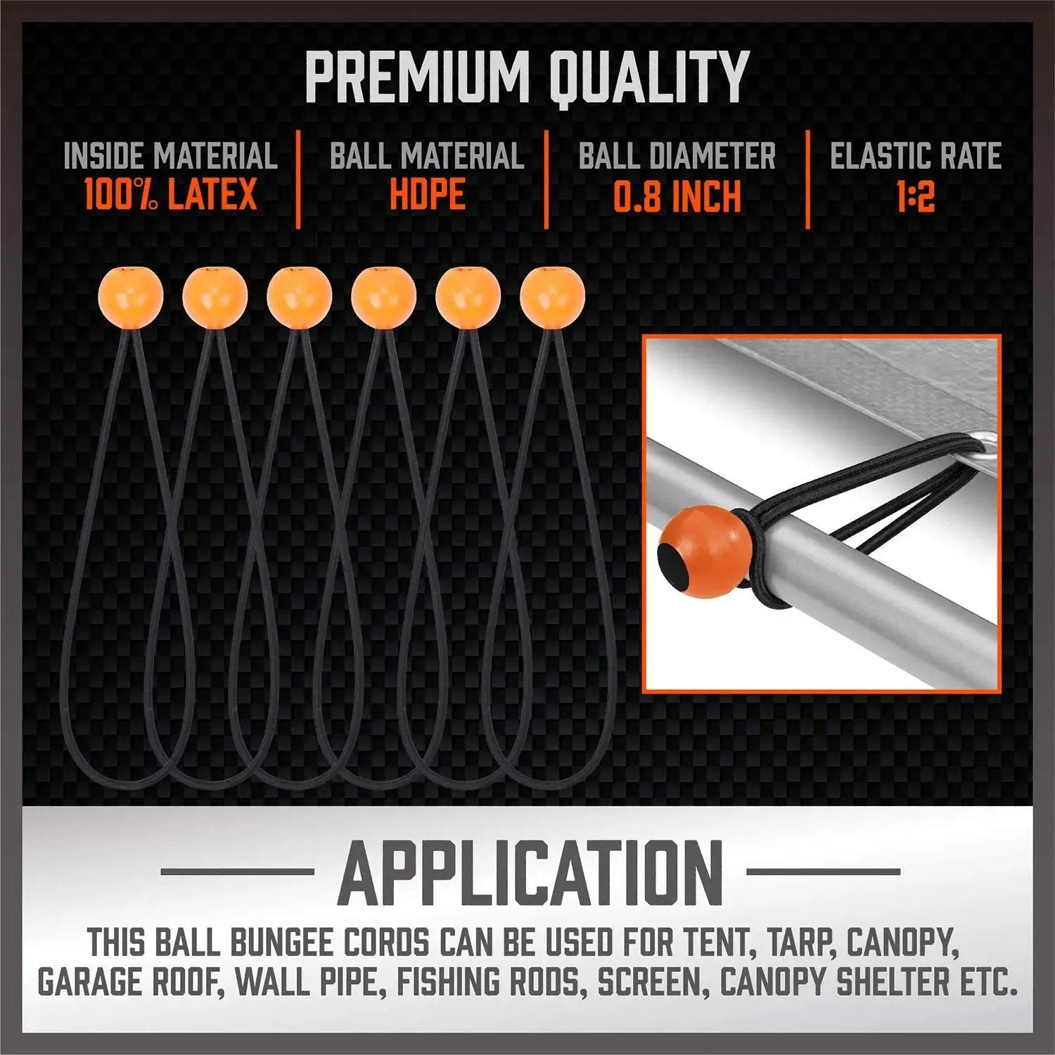 31-Piece Premium Bungee Cord Assortment Kit with latex and HDPE ball ties for securing tarps and gear, shown in application