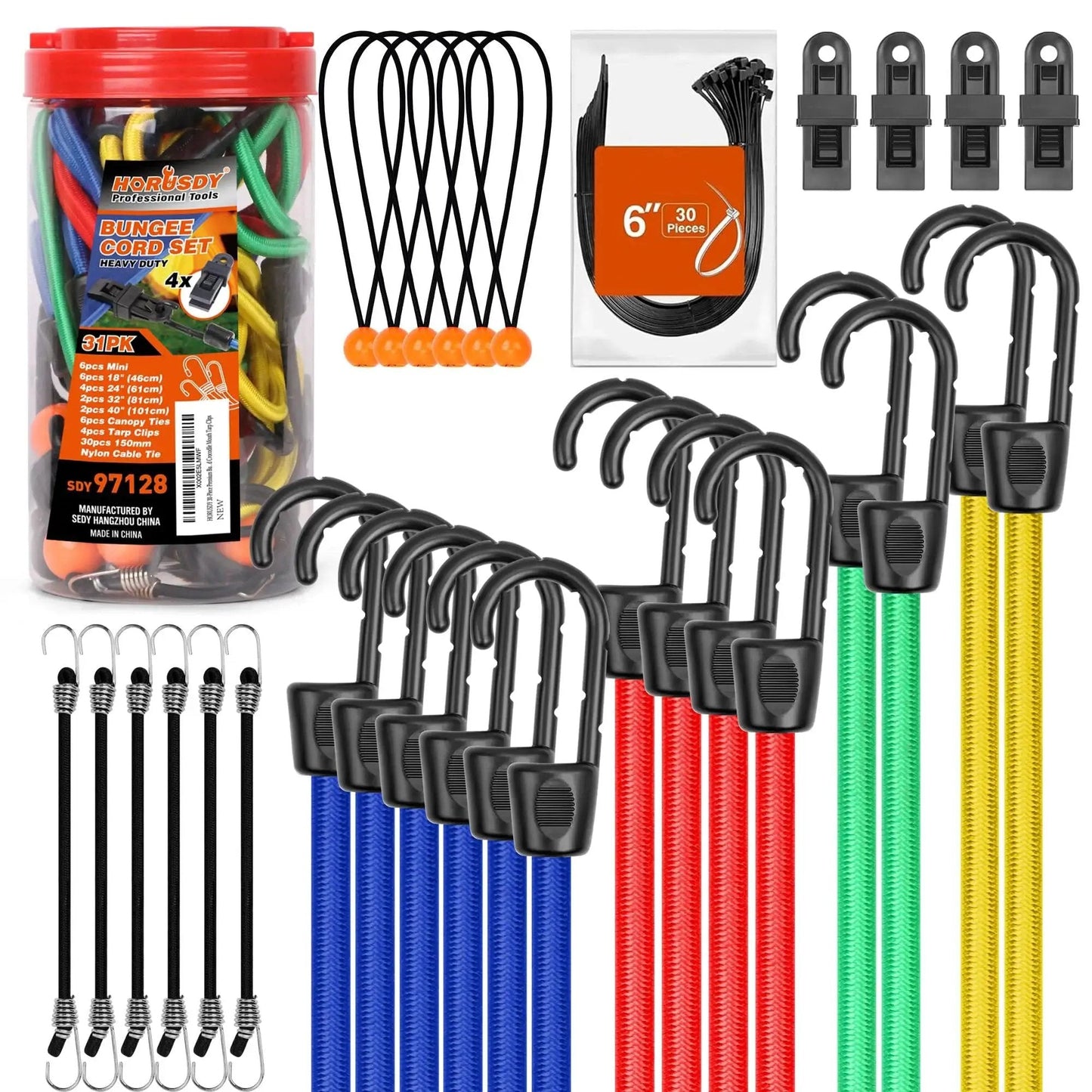 31-Piece Premium Bungee Cord Assortment Kit With 10, 18, 24, 32, and 40 Inch Elastic Cords, 6 Inch Zip Ties, and Tarp Clips