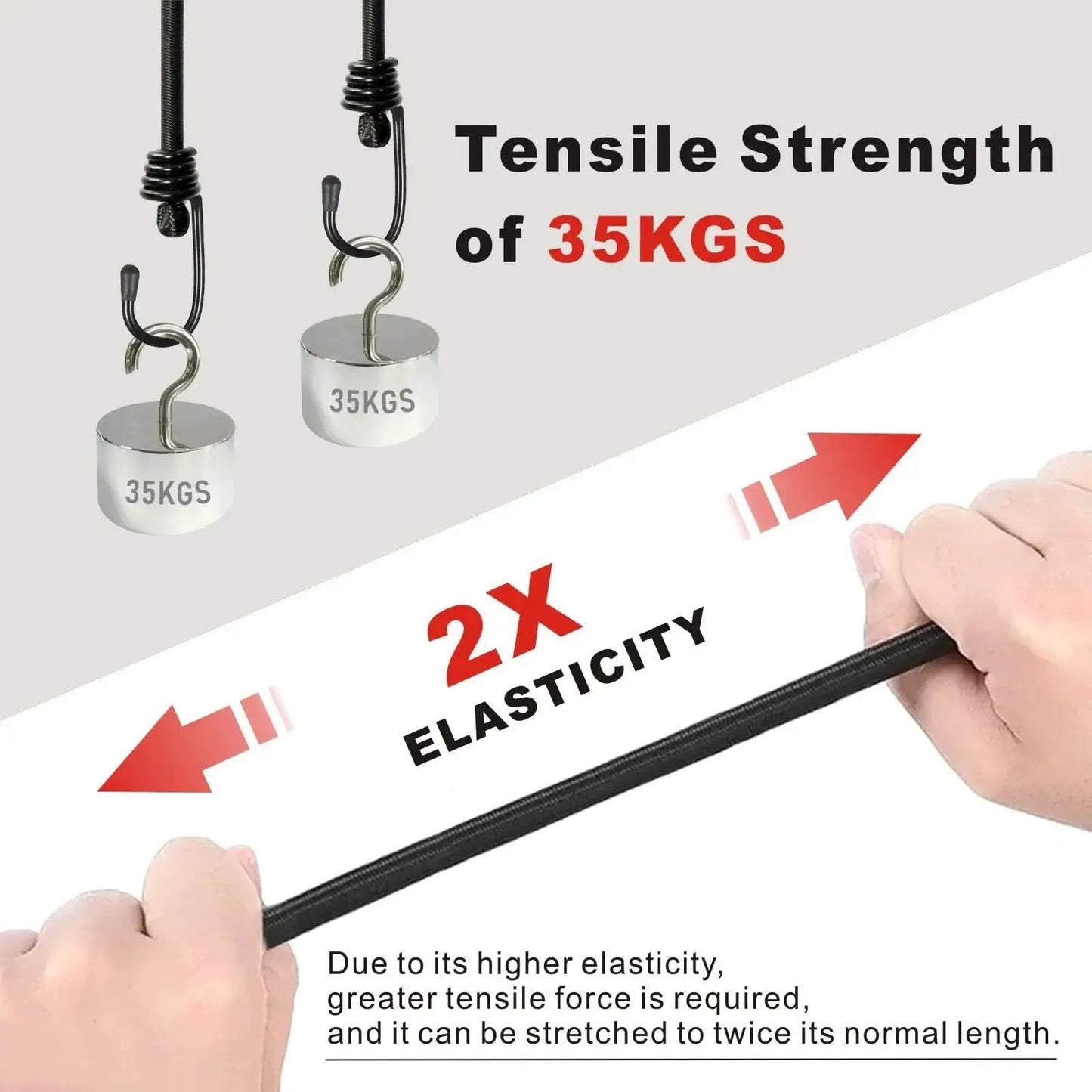 Close-up of Heavy Duty Bungee Cords With Hooks 24 Inch Set Of 4 No Odour Elastic Straps demonstrating 2x elasticity and 35 kg strength