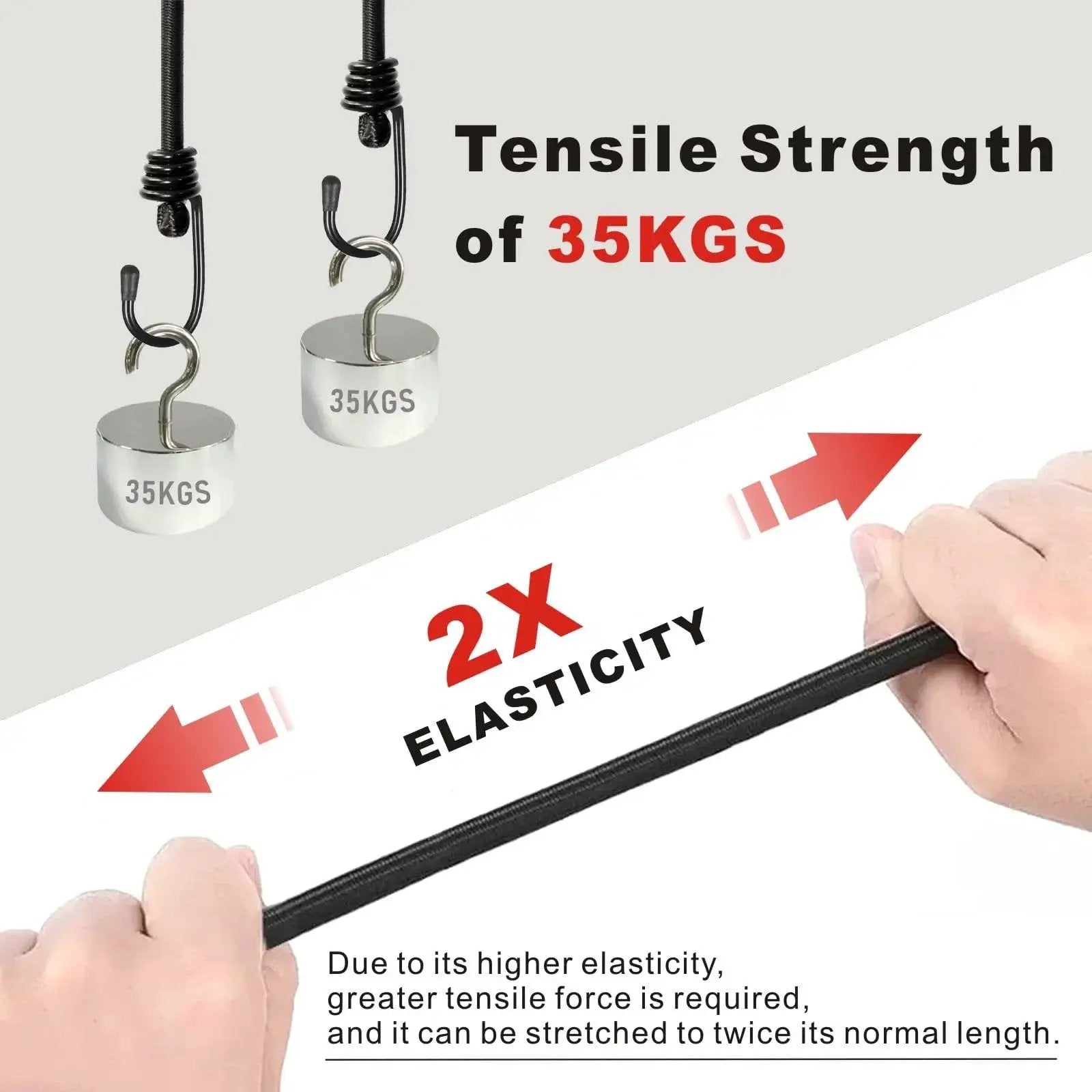 Close-up of Heavy Duty Bungee Cords With Hooks 24 Inch Set Of 4 No Odour Elastic Straps demonstrating 2x elasticity and 35 kg strength