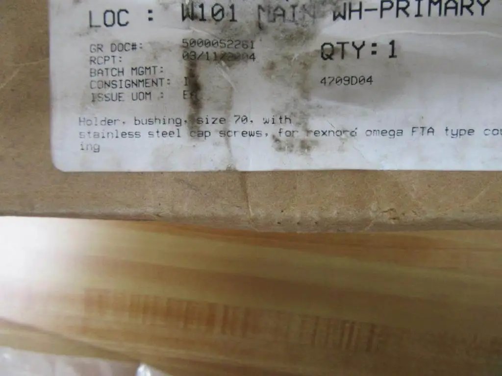 Label on packaging for Rexnord bushing holder, size 70, stainless steel cap screws, warehouse location W101, with QTY:1.
