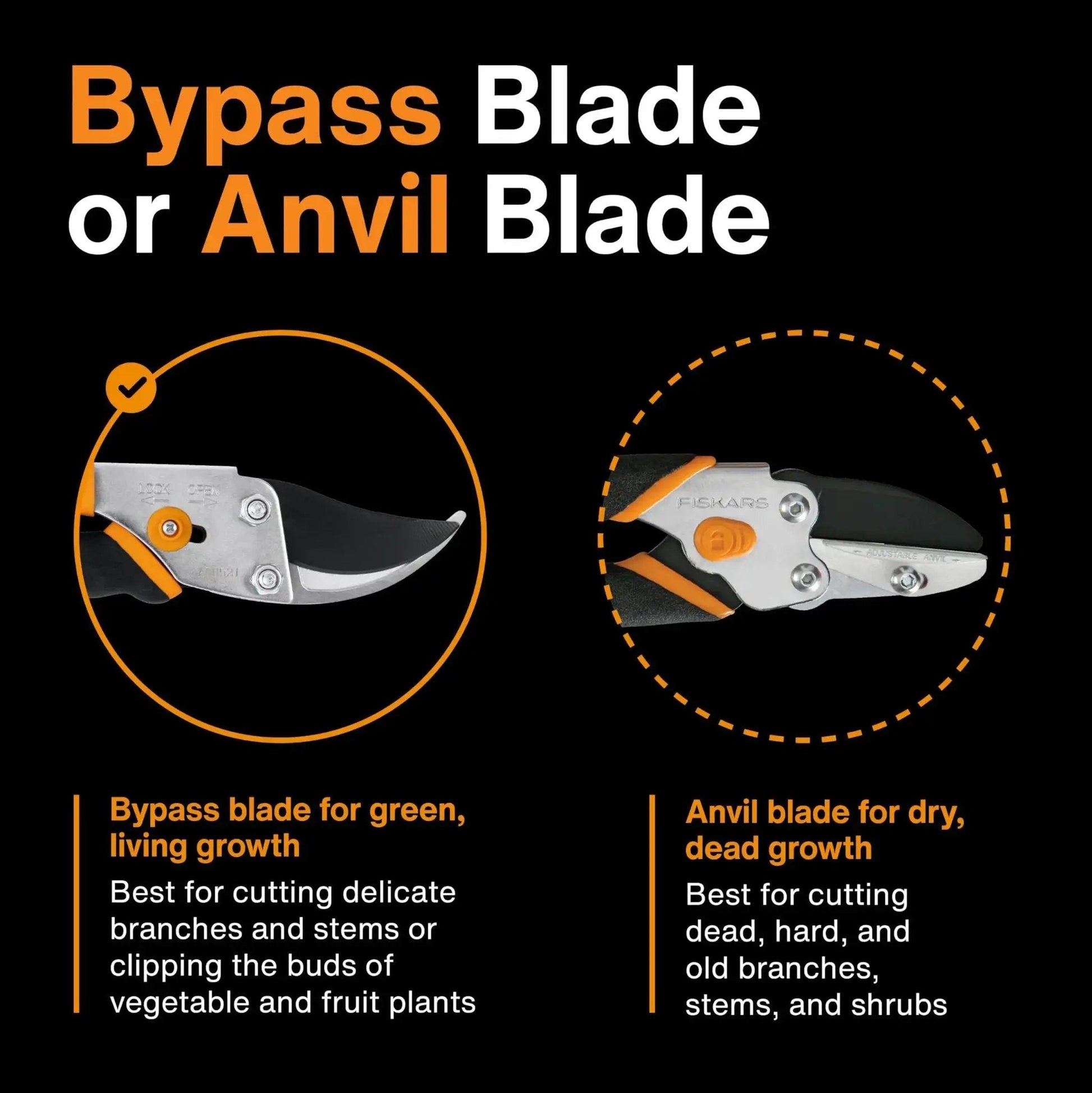 Illustration comparing a Bypass blade for delicate pruning with an Anvil blade for cutting dead branches on shears.