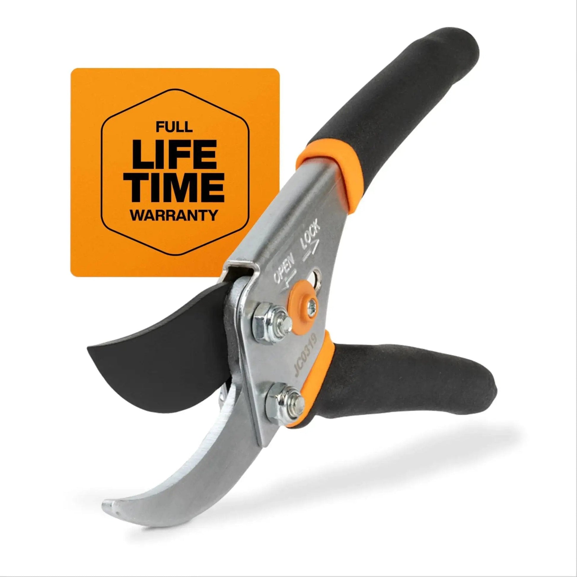 Bypass Pruning Shears With Five Eighth Inch Cut Capacity And Rust Resistant Steel Blade, ergonomic handle, full lifetime warranty.