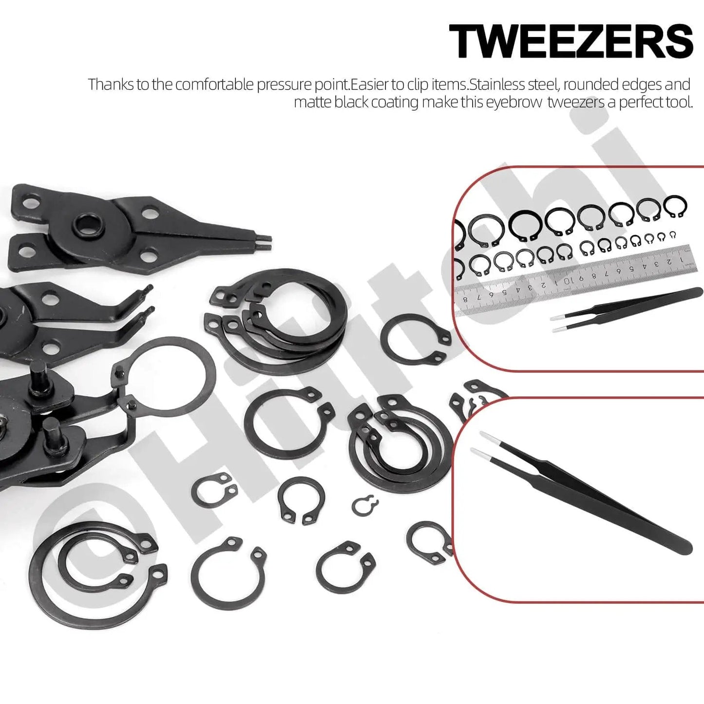 All In One No Fuss C Clip External Retaining Rings Kit With 266 Pieces In 21 Sizes M4 To M28 And Tweezers shown with measurement tools