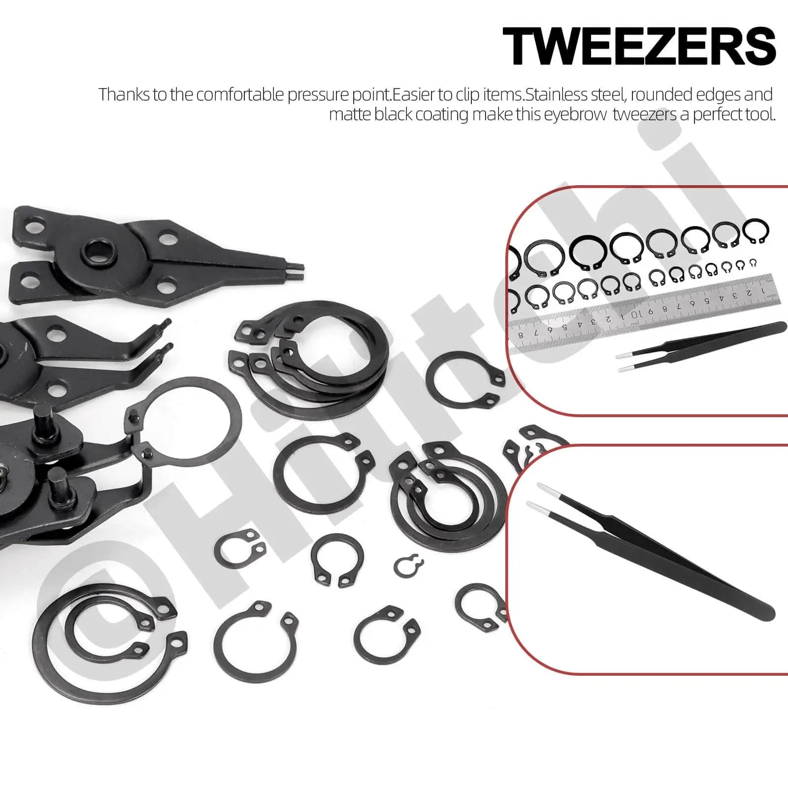 All In One No Fuss C Clip External Retaining Rings Kit With 266 Pieces In 21 Sizes M4 To M28 And Tweezers shown with measurement tools